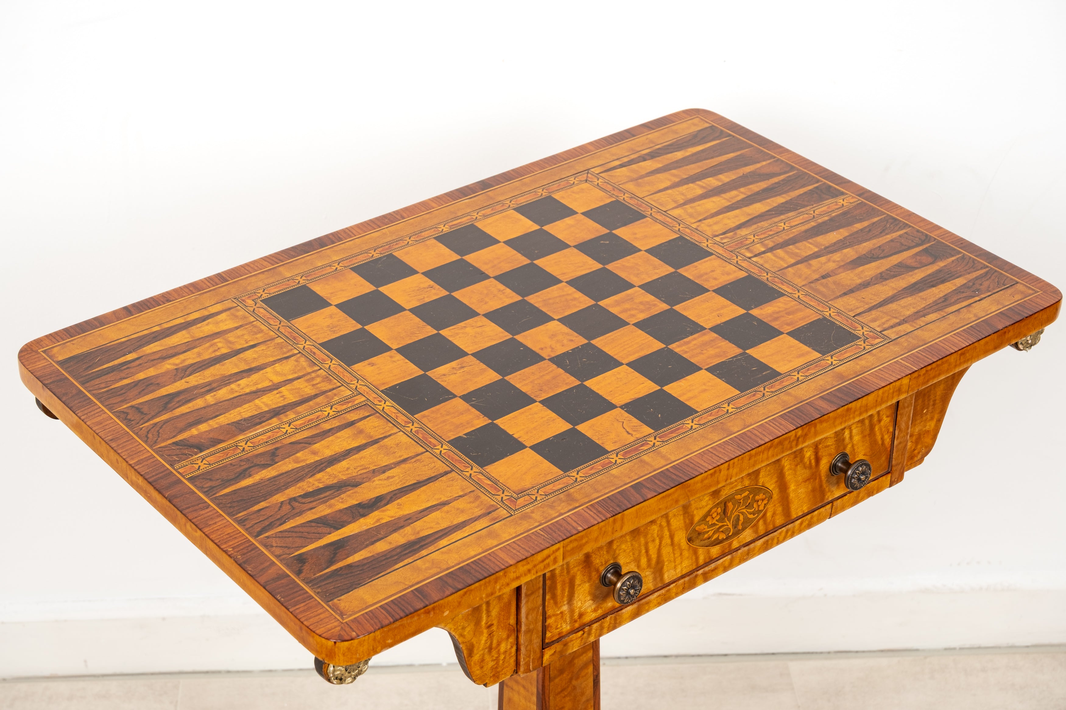 Vintage Regency Style Maple & Ebony Inlaid Chess Games Table