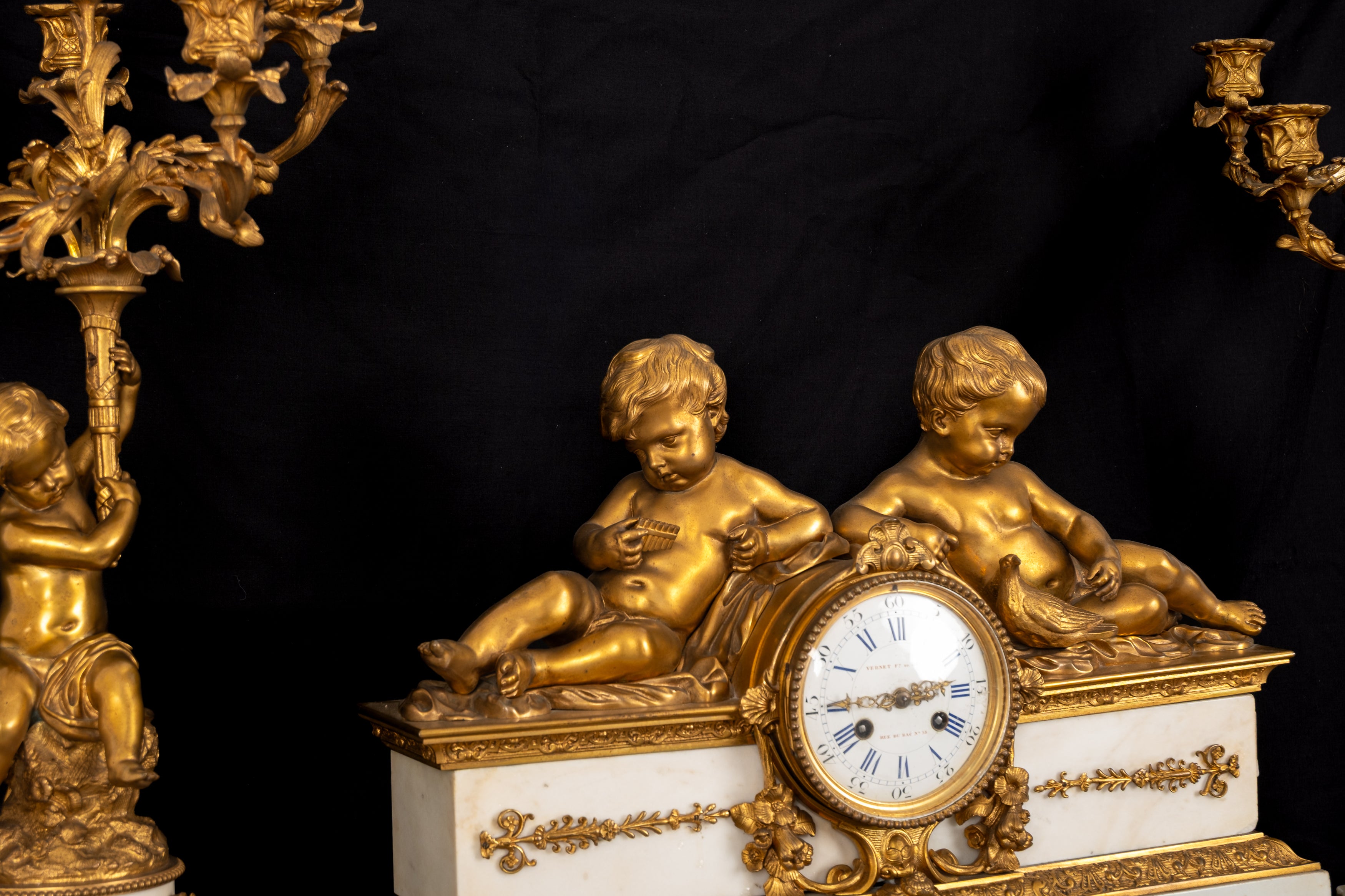 Fine 19th Century French Ormolu & White Marble Clock Garniture with Cherubs