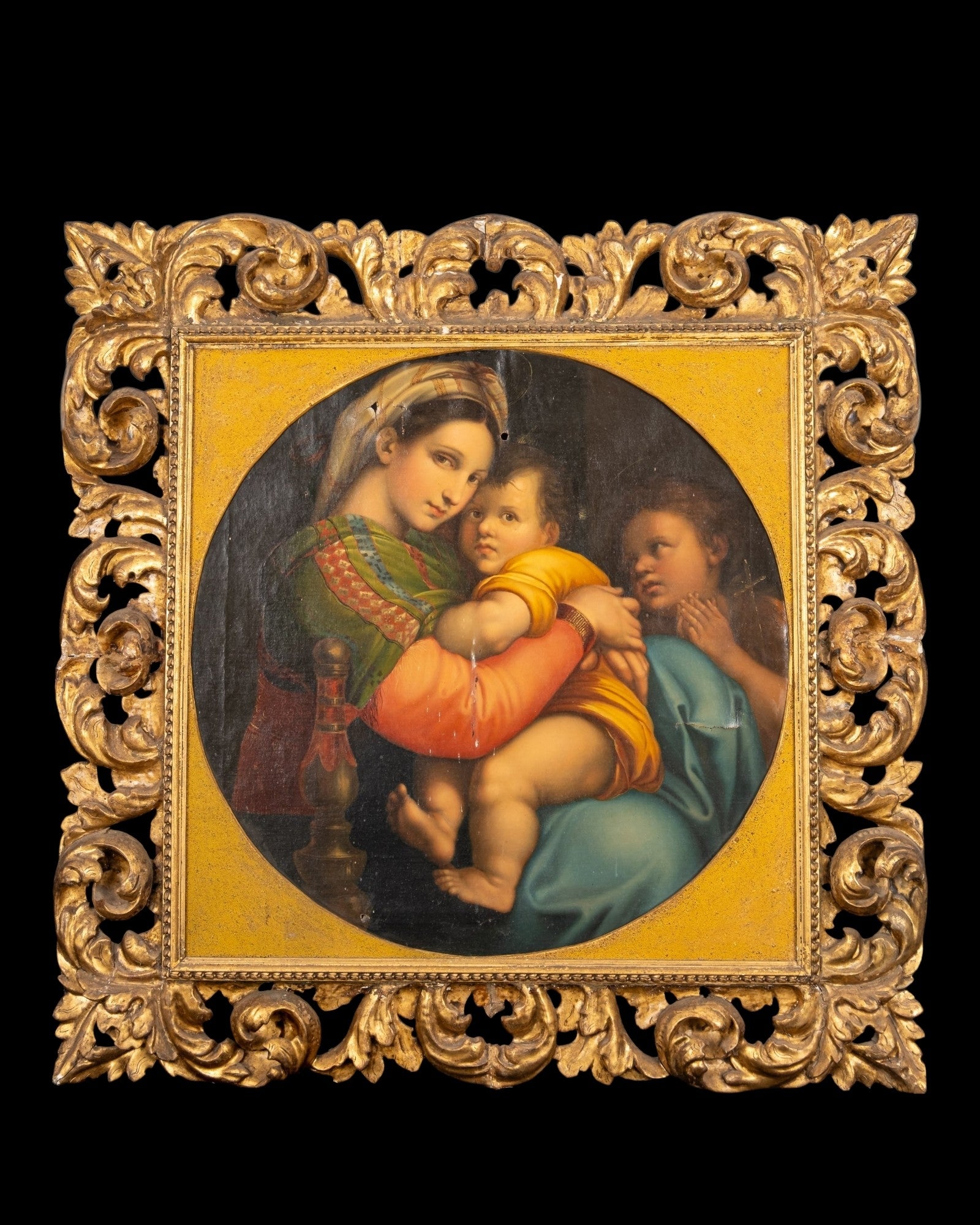 Large 19th-century Italian oil painting after Raphael’s Madonna della Seggiola dated Florence 1868 in a carved pierced giltwood frame.