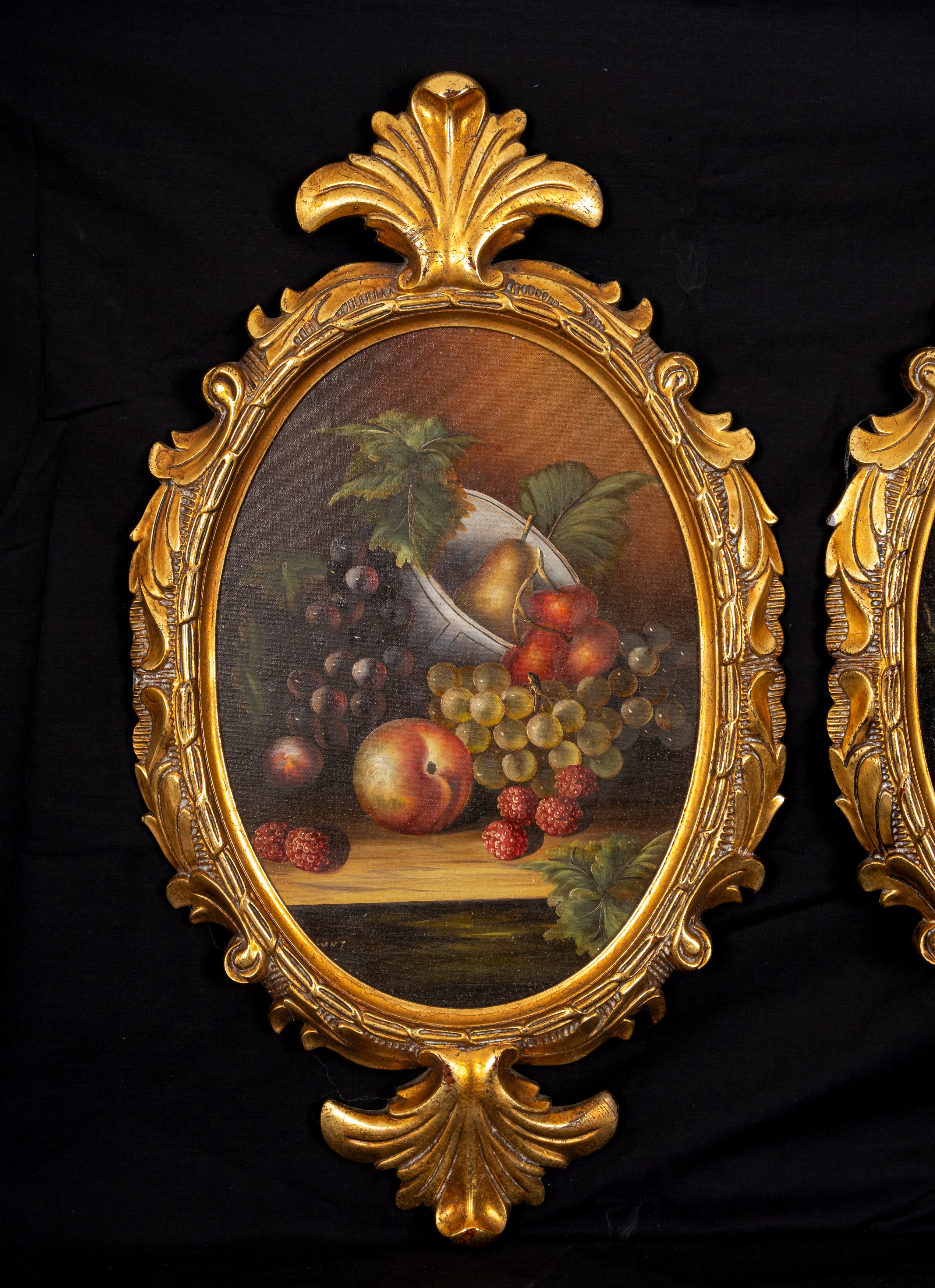 Pair of Large Oval Still Life Oil Paintings in Ornate Gilt Frames