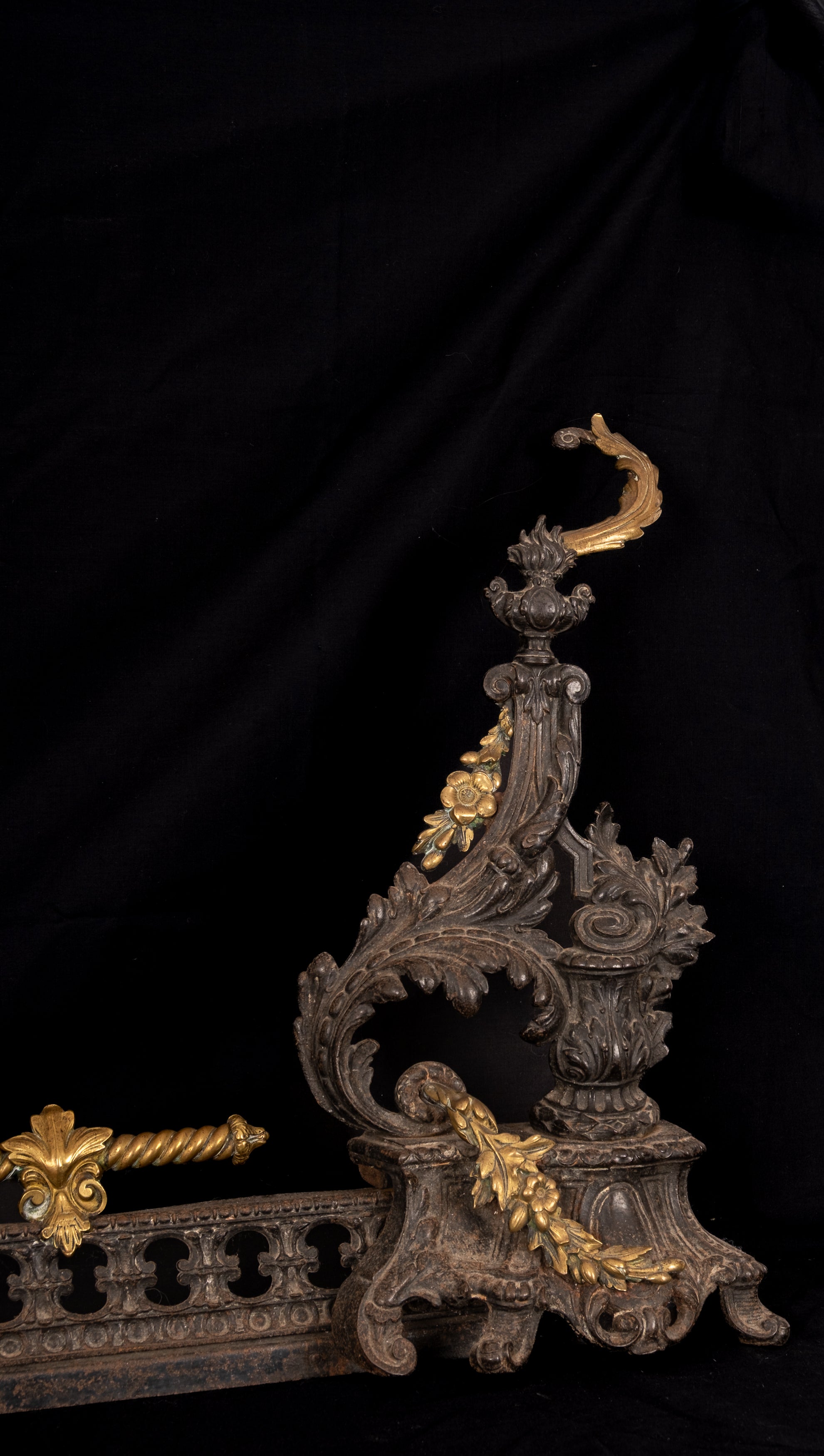 Antique French Louis XV Cast Iron & Gilt Brass Adjustable Fireplace Fender c.1880
