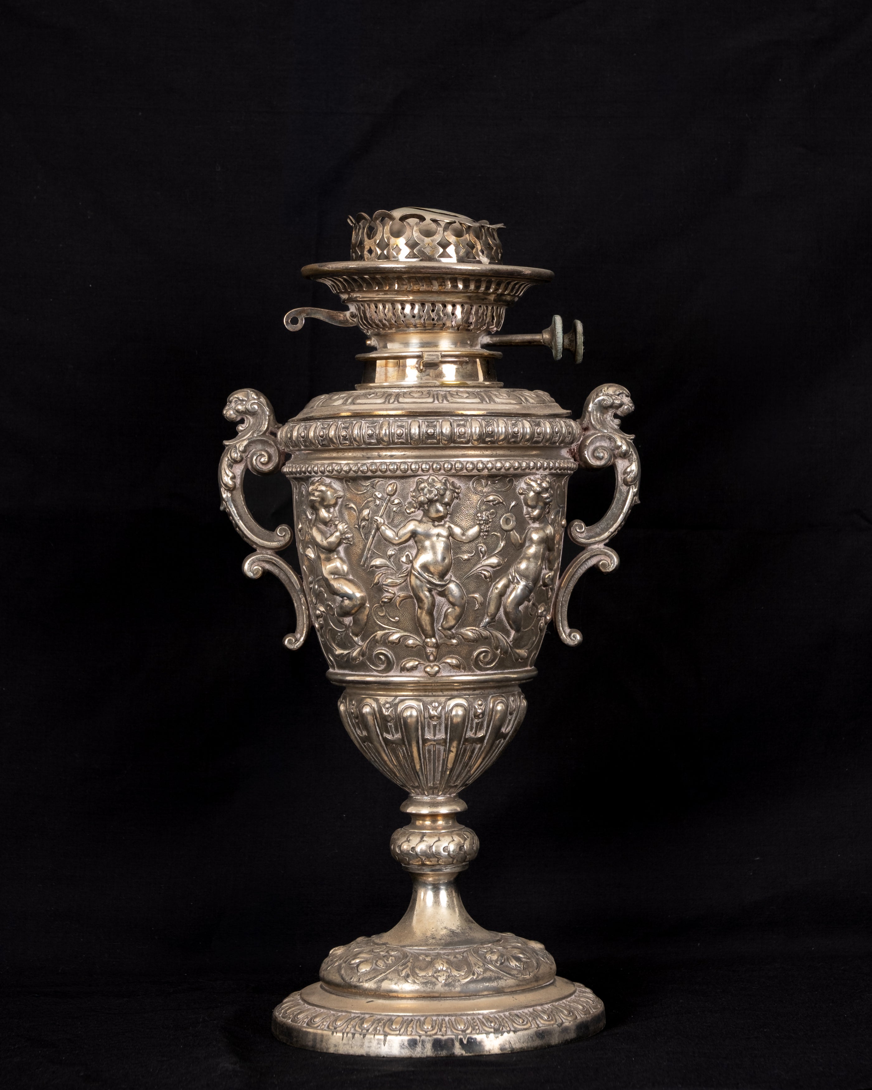 Antique Victorian Silver-Plated Figural Duplex Oil Lamp c.1890