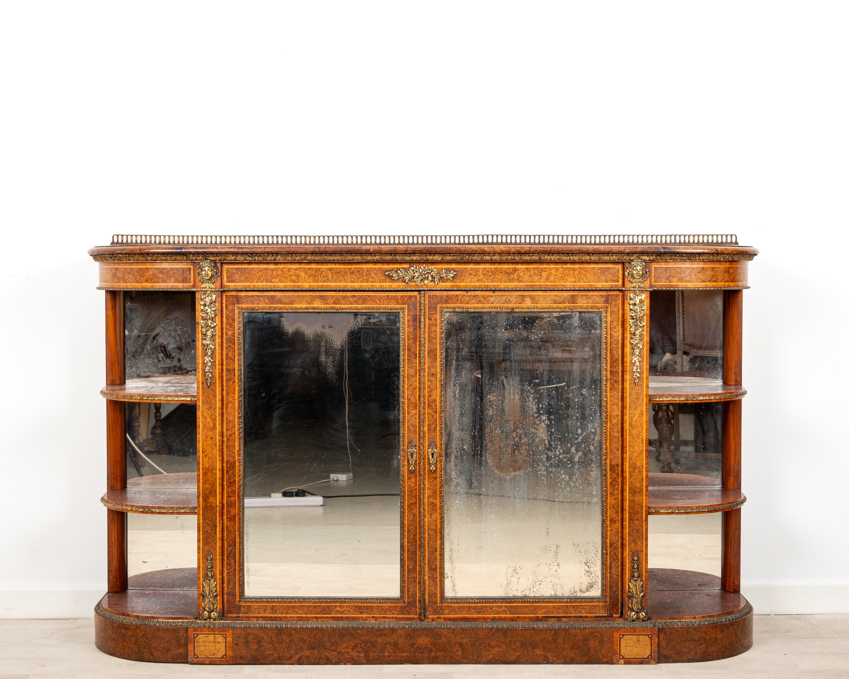 Victorian Burr Walnut Mirrored Credenza with Ormolu & Side Display Shelves
