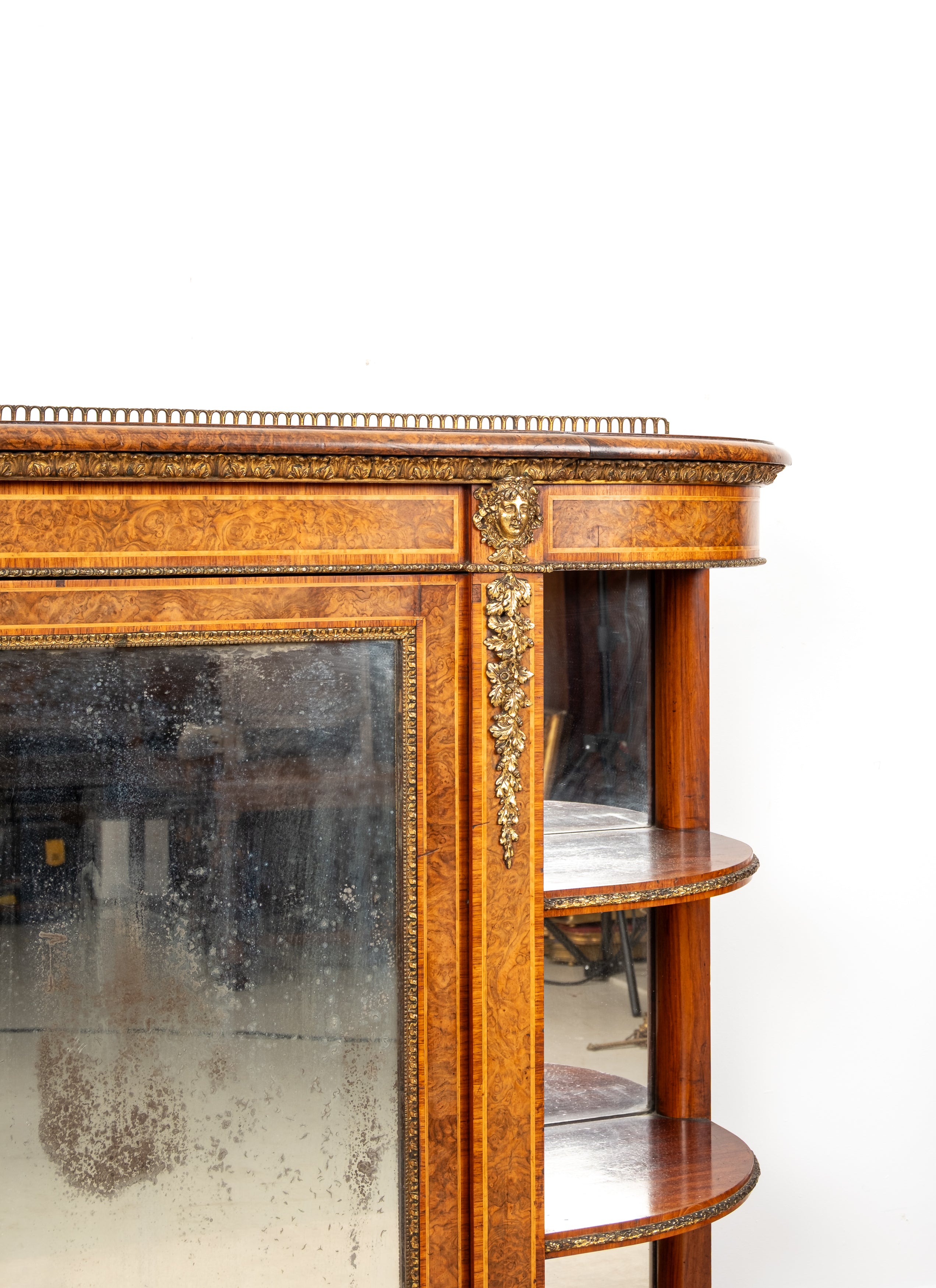 Victorian Burr Walnut Mirrored Credenza with Ormolu & Side Display Shelves