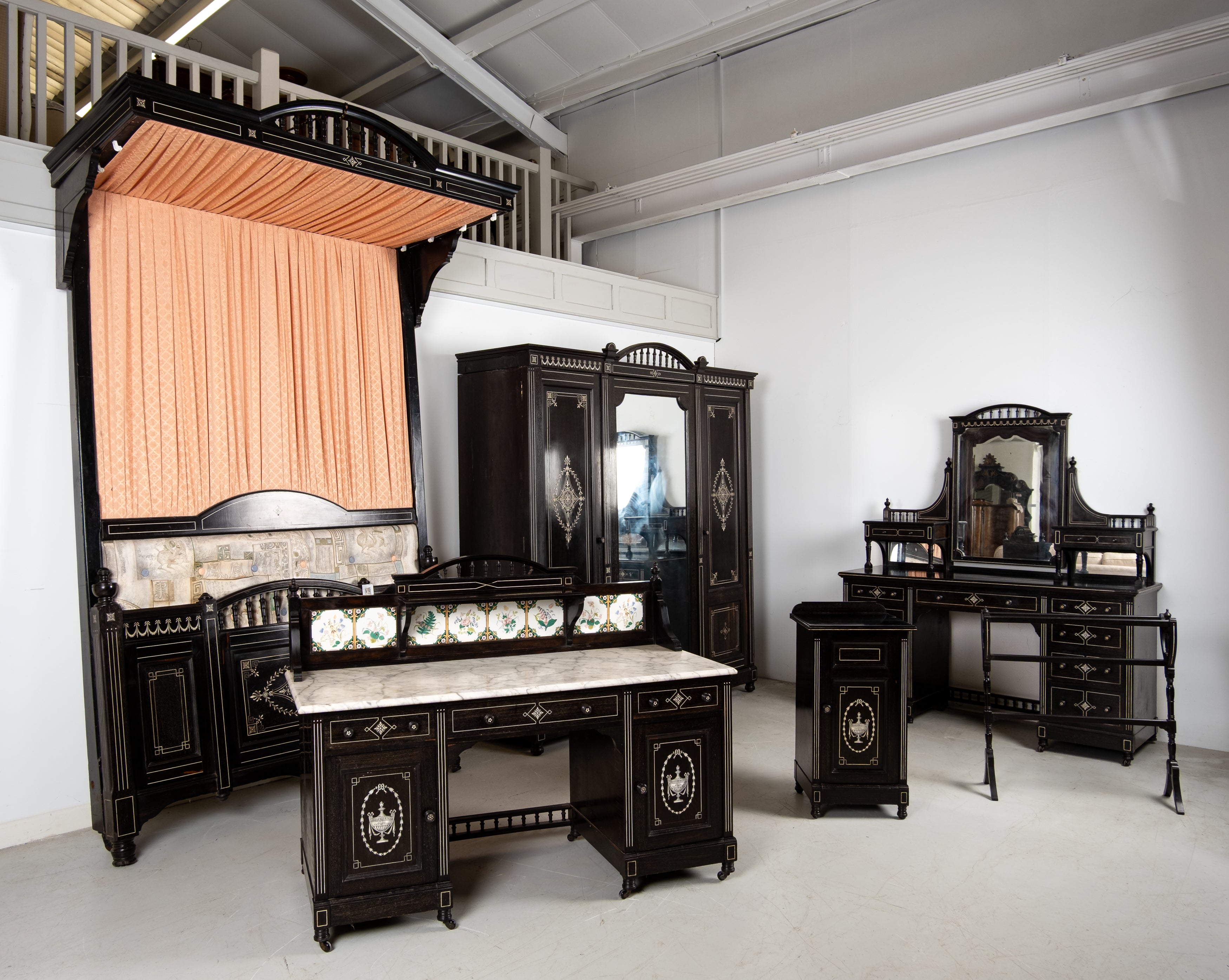 Antique Victorian ebonised and inlaid six-piece bedroom suite circa 1880 with canopy bed, mirrored wardrobe, dressing table and marble washstand