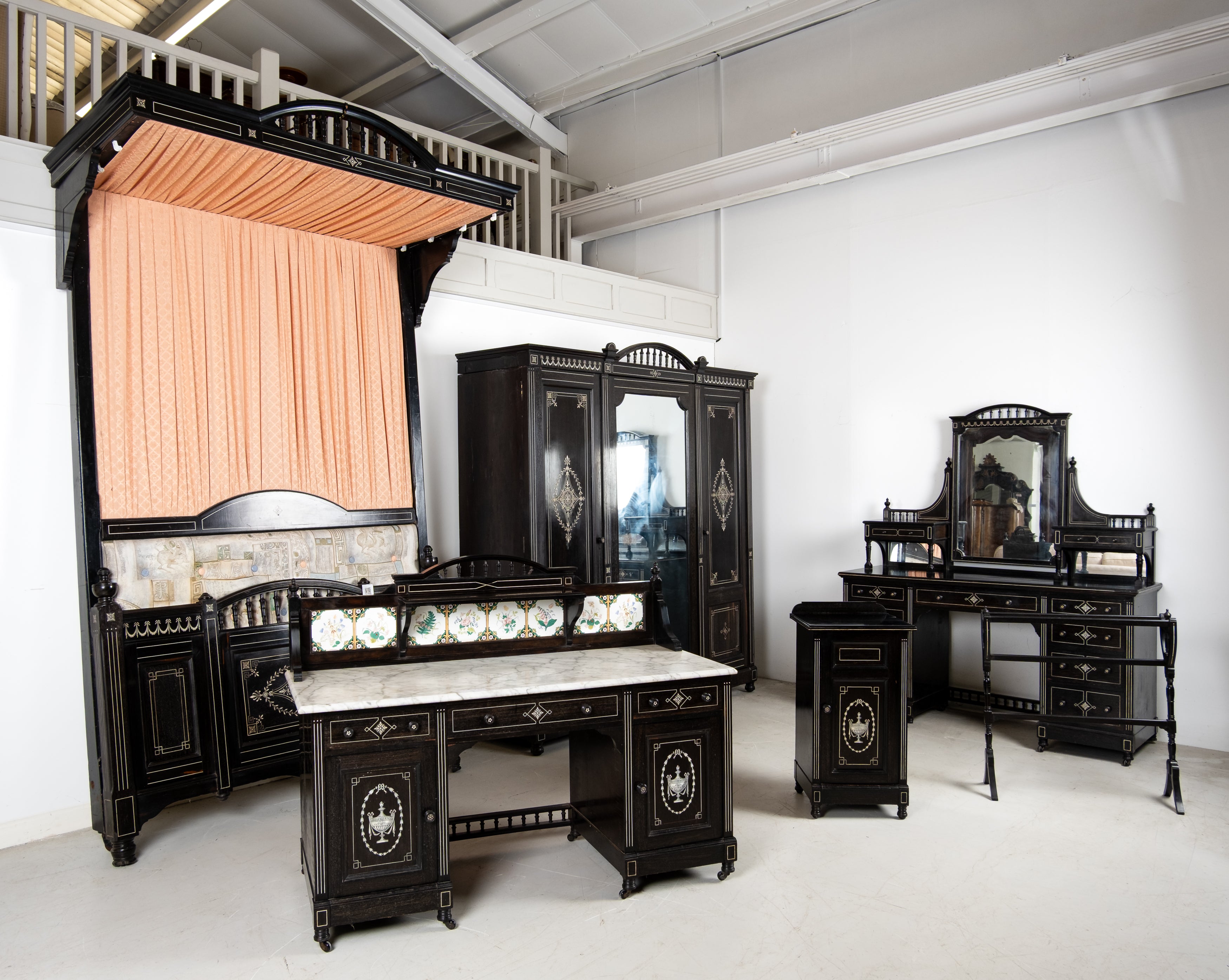 Antique Victorian Ebonised & Inlaid Six-Piece Bedroom Suite c.1880