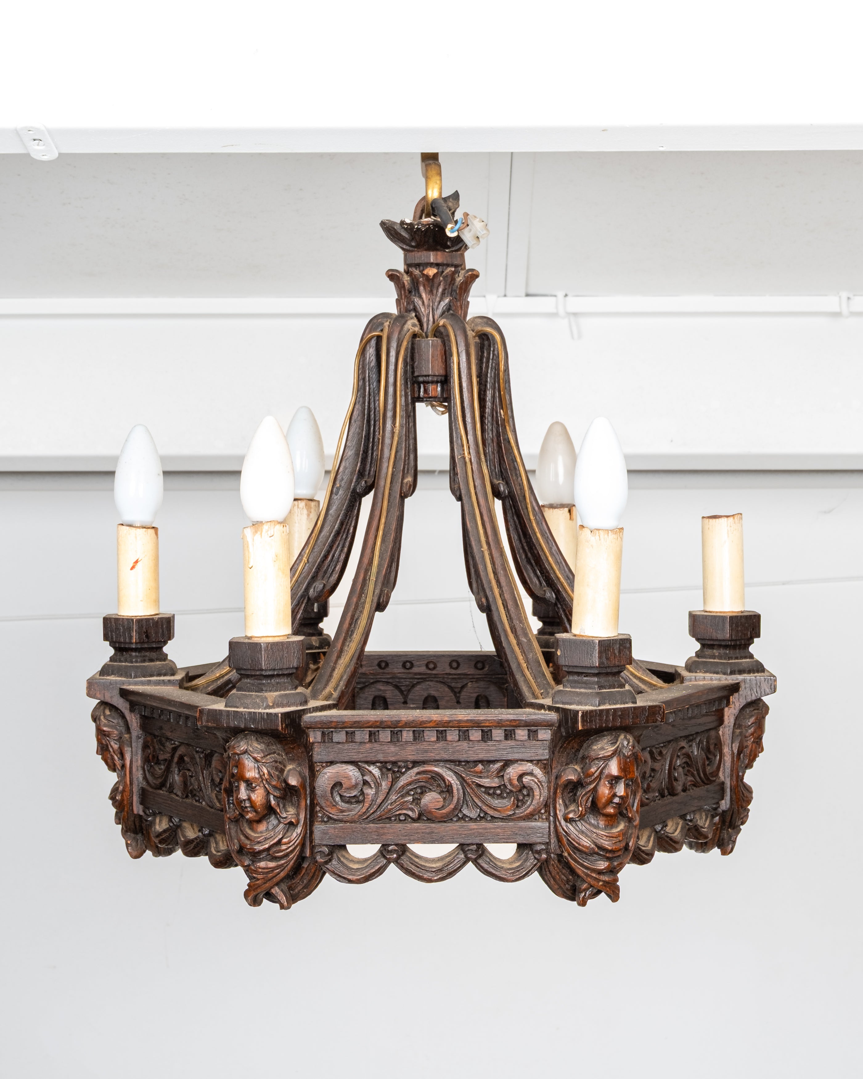 Antique Victorian carved oak eight-light Gothic Revival chandelier