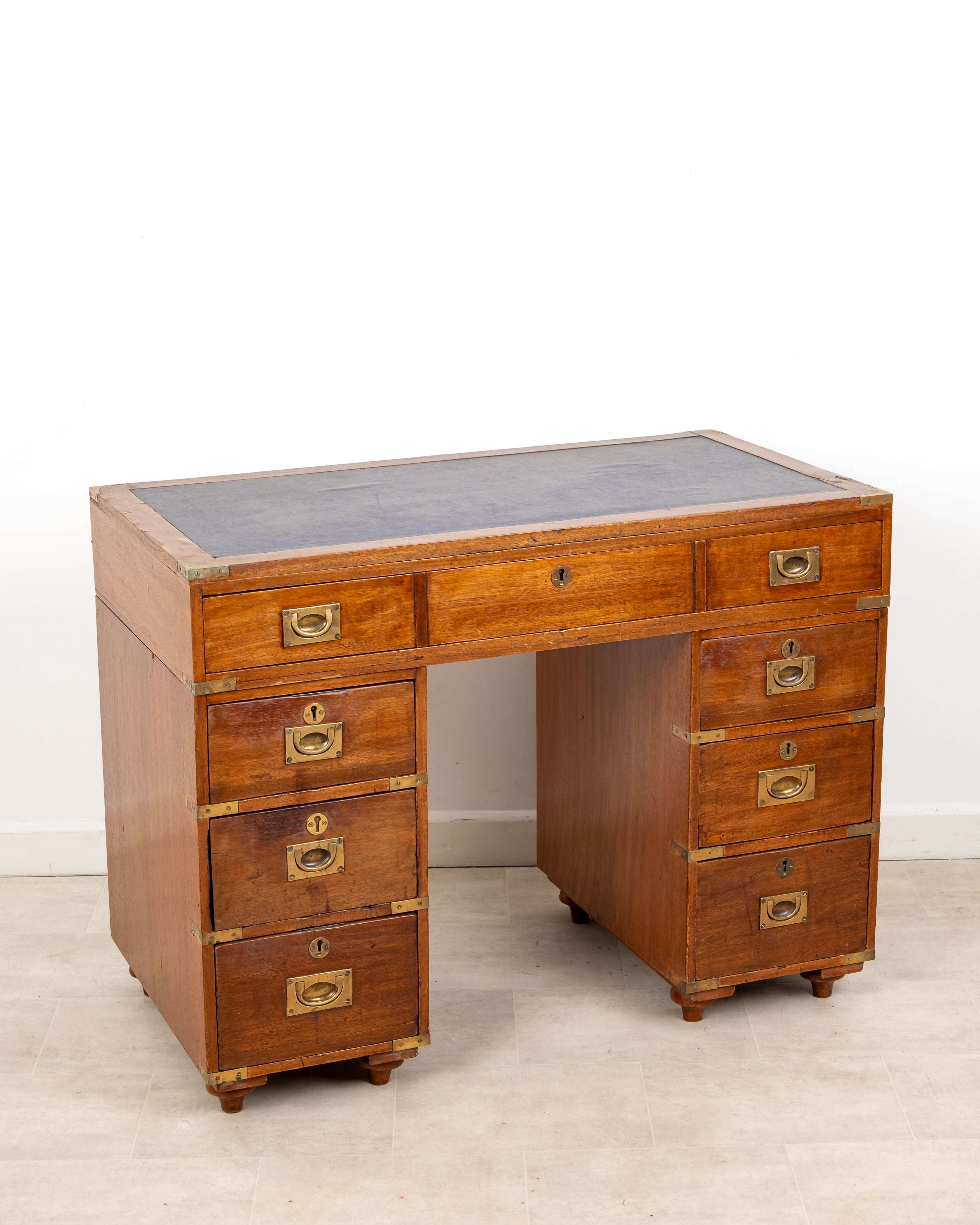 Antique mahogany campaign pedestal desk with brass fittings circa 1900