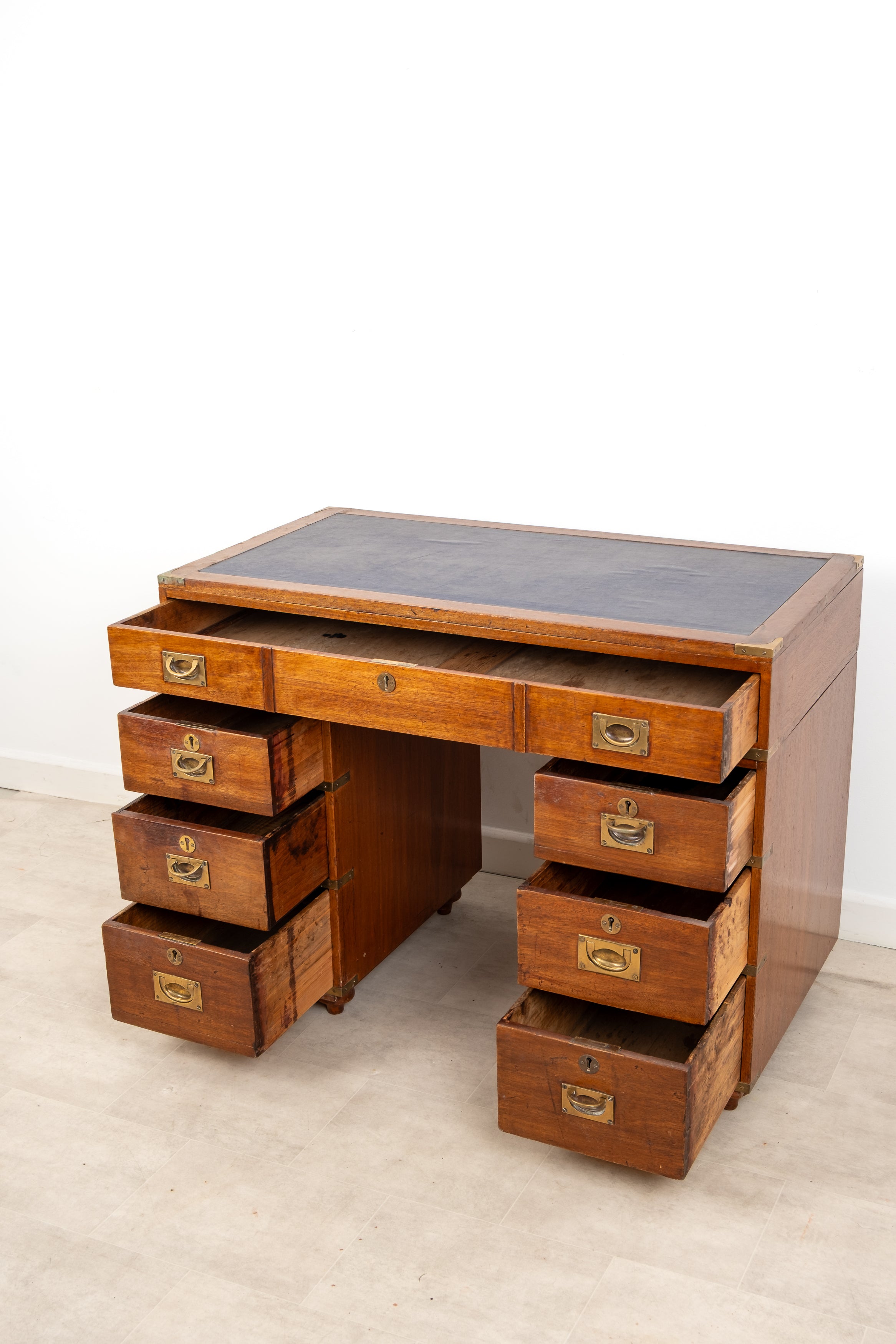 Antique Mahogany Campaign Pedestal Desk with Brass Fittings c.1900