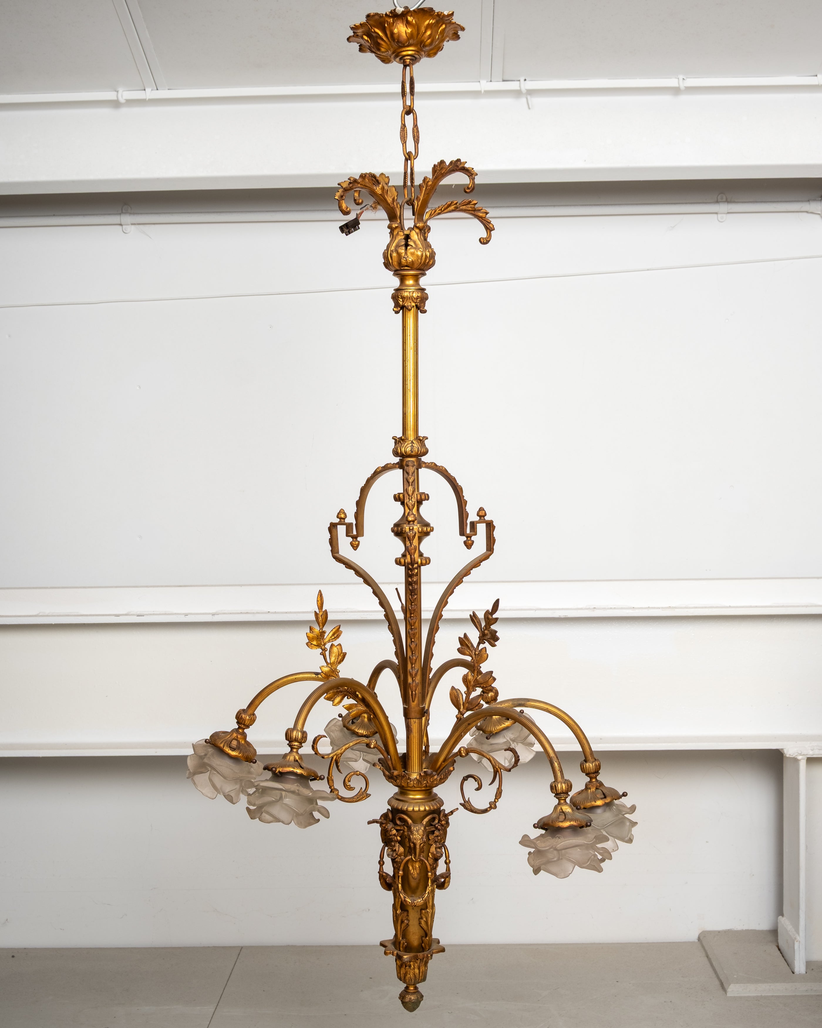 Antique French Louis XVI Revival gilt bronze six light chandelier circa 1900