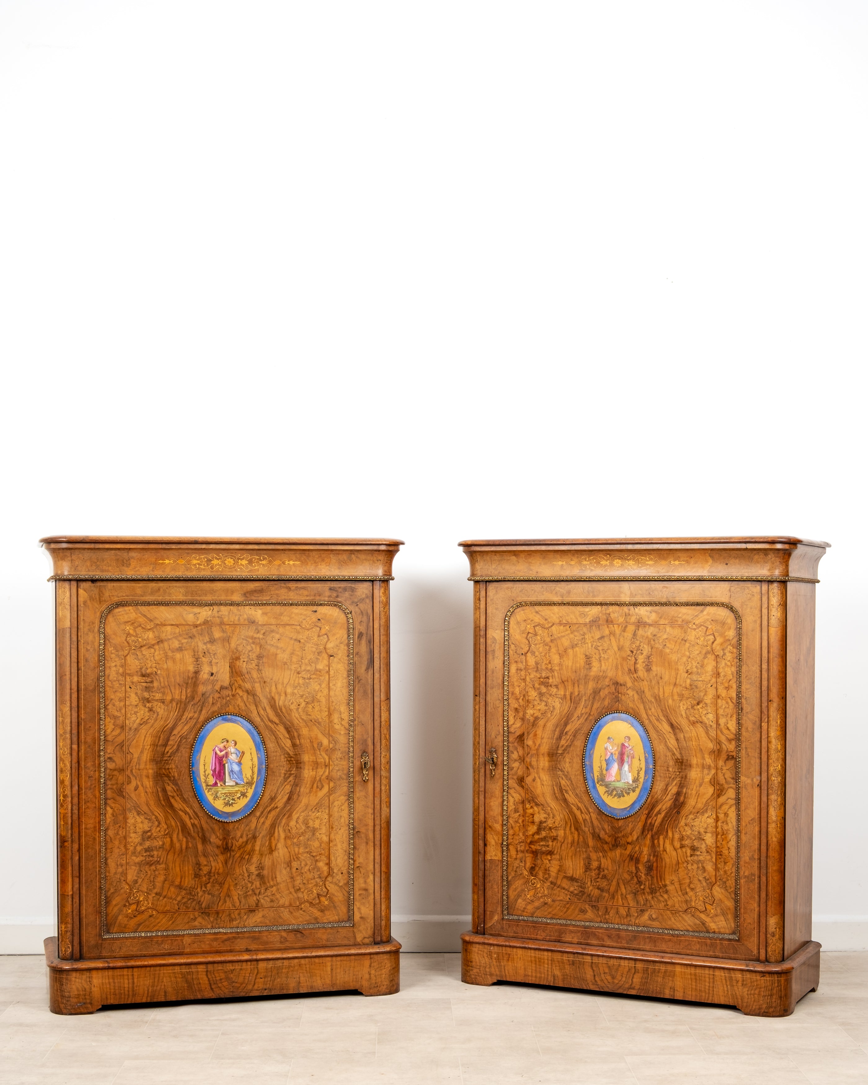 Pair of antique burr walnut side cabinets with porcelain plaques c.1870