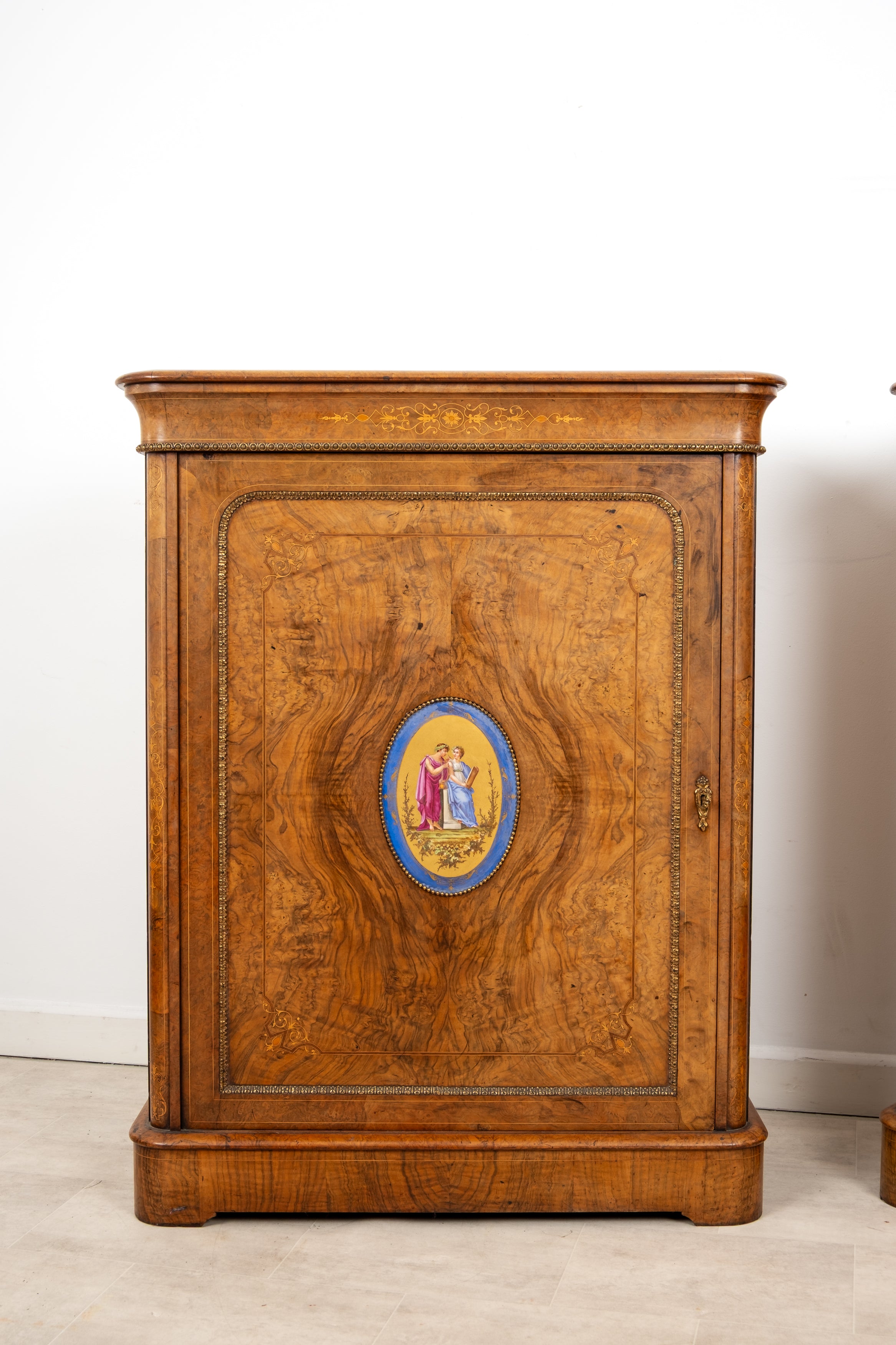 Pair of Antique Burr Walnut Side Cabinets with Porcelain Plaques c.1870