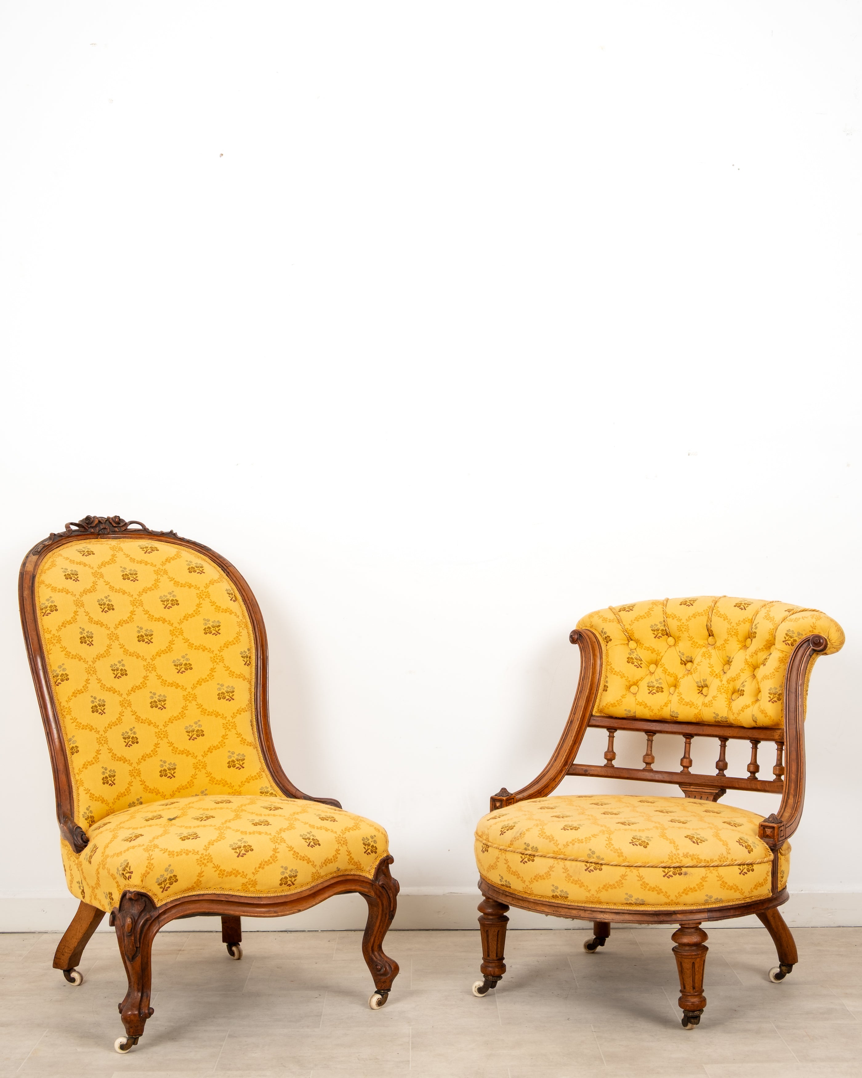 Two antique Victorian walnut salon chairs slipper and tub armchair c.1870