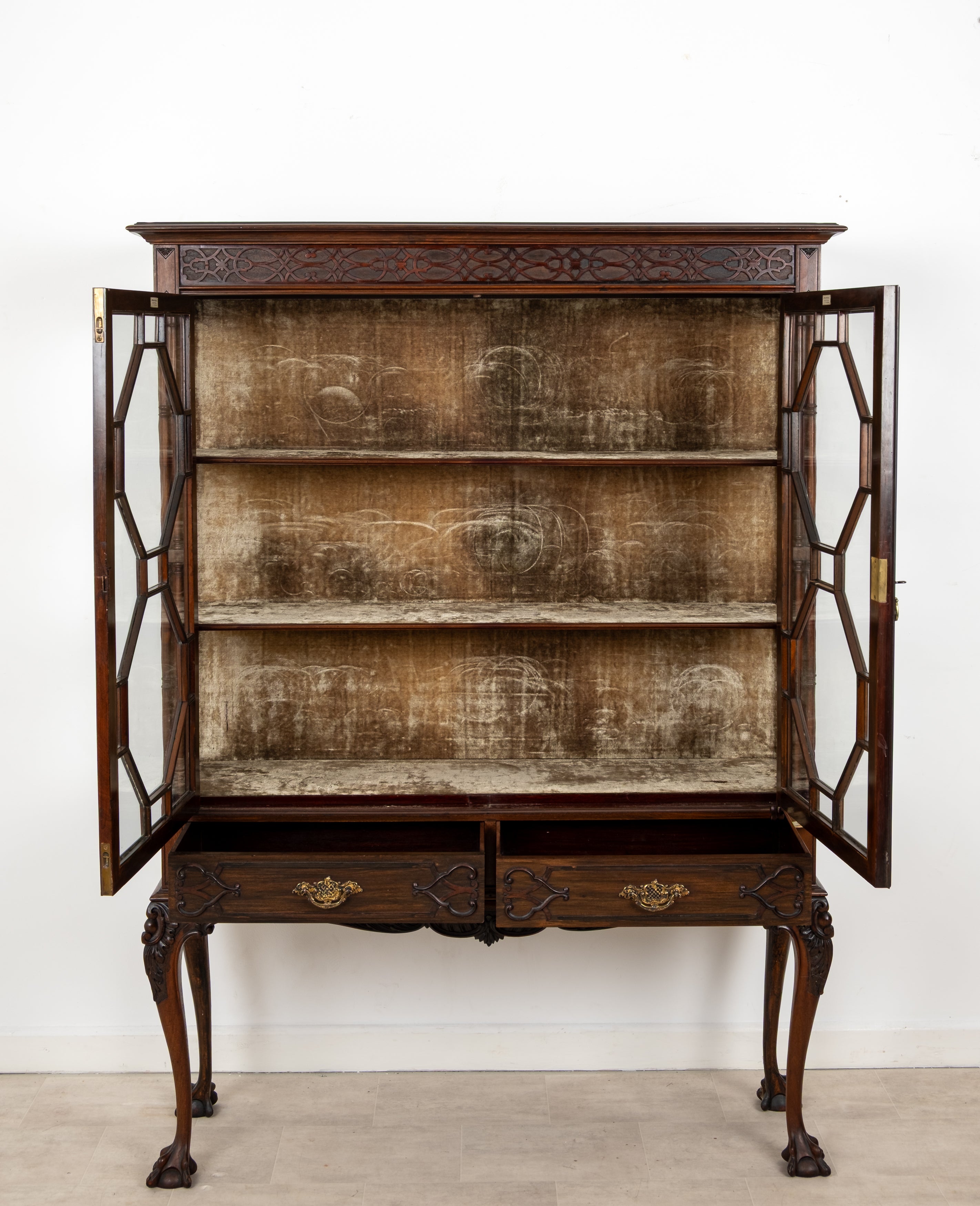 Johnson & Appleyards antique display cabinet with glazed doors open