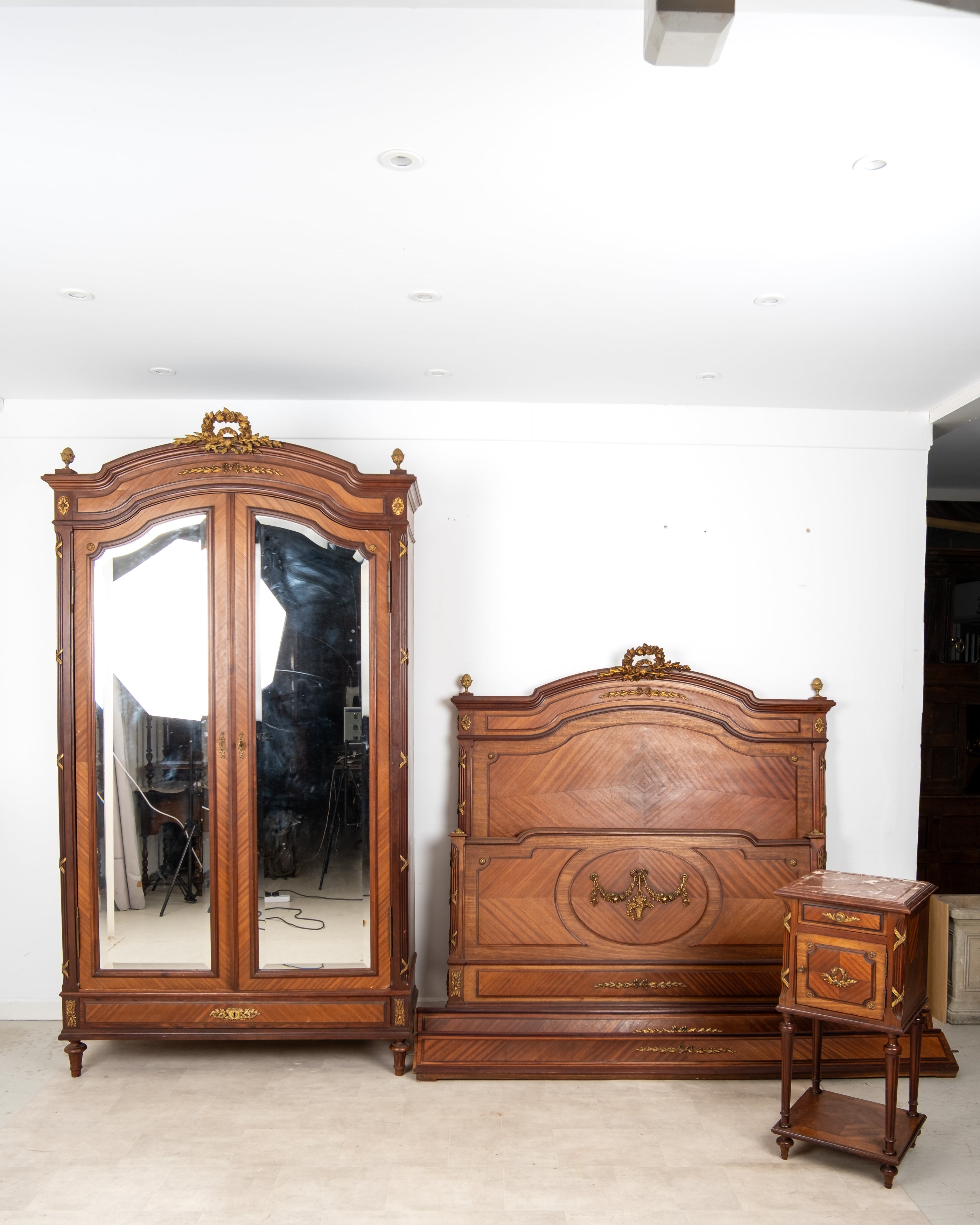 Antique French Louis XVI Revival mahogany bedroom suite with wardrobe bed and bedside cupboard c.1900