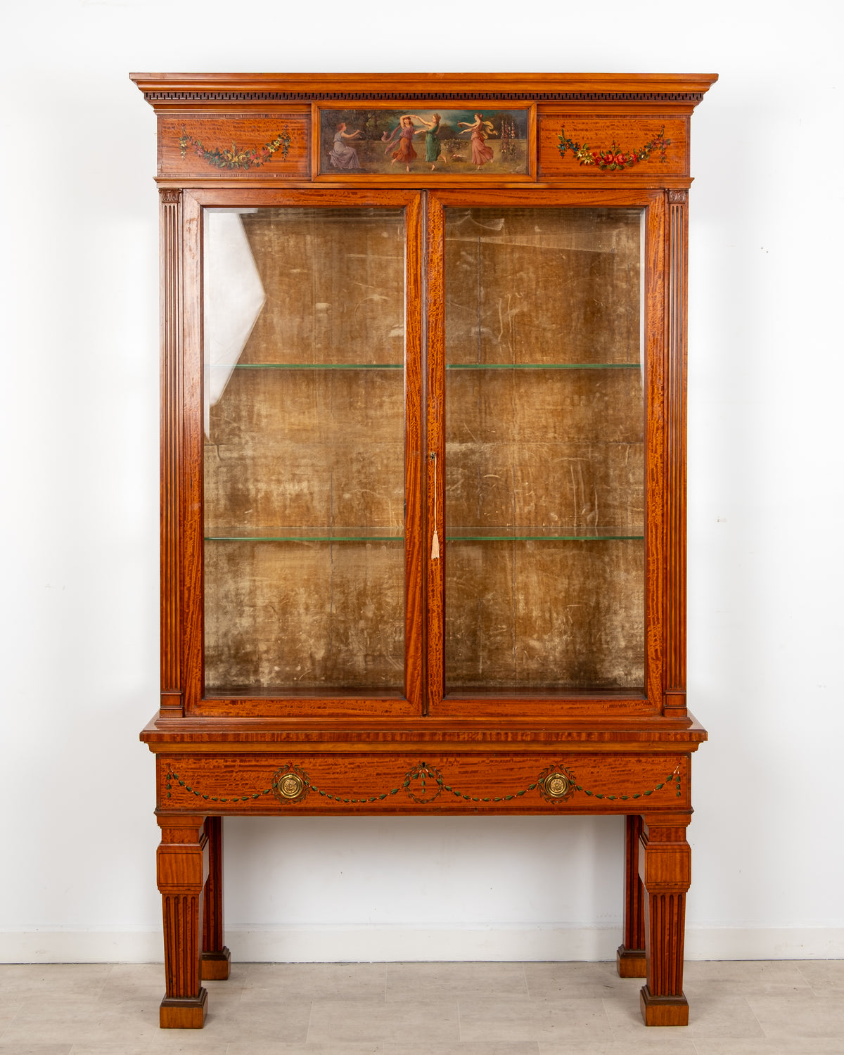 Antique painted satinwood display cabinet by Hampton & Sons London c.1900