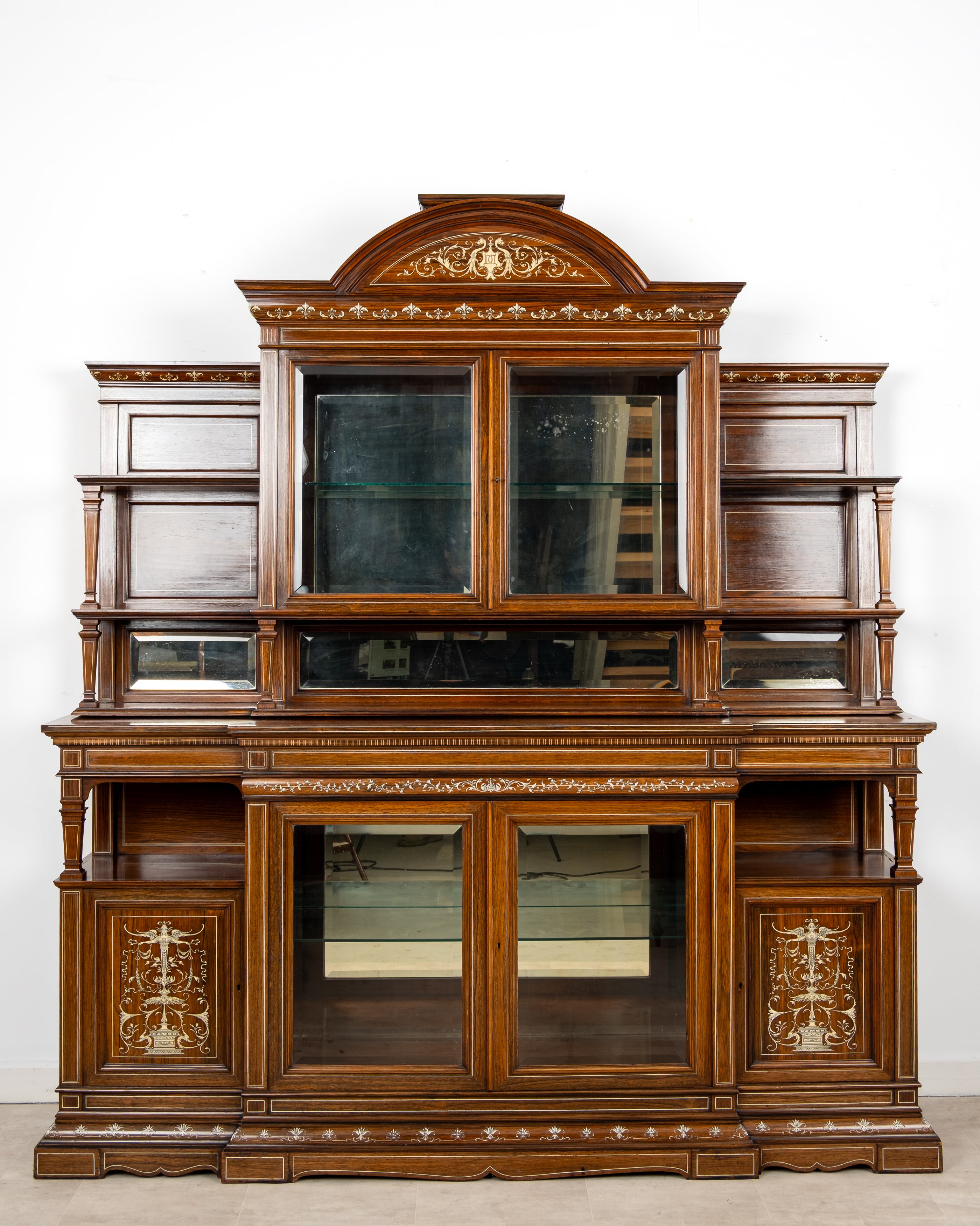 Monumental Victorian rosewood inlaid display cabinet attributed to Collinson and Lock London circa 1890