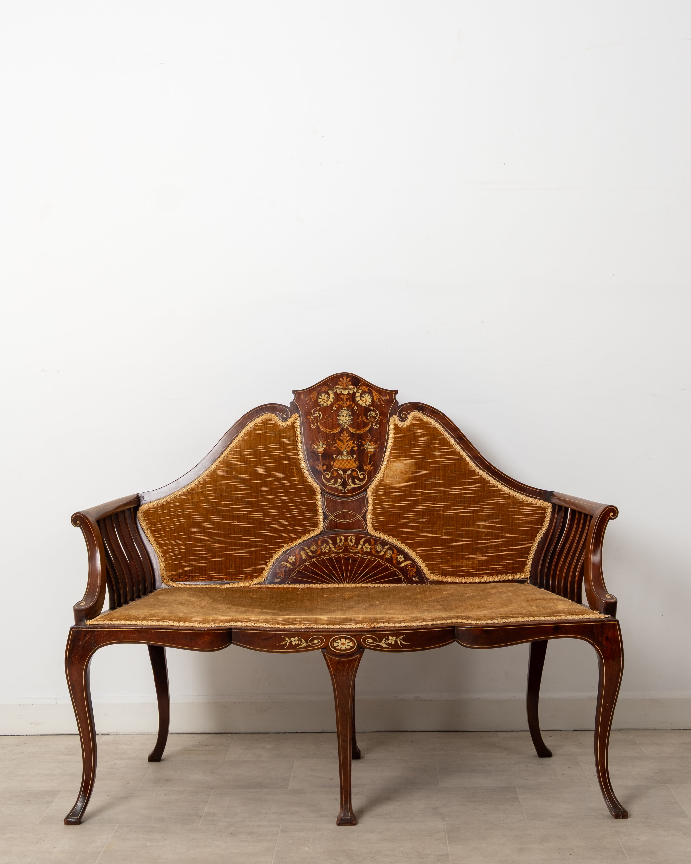Antique Edwardian mahogany inlaid settee c.1900 with golden velvet upholstery