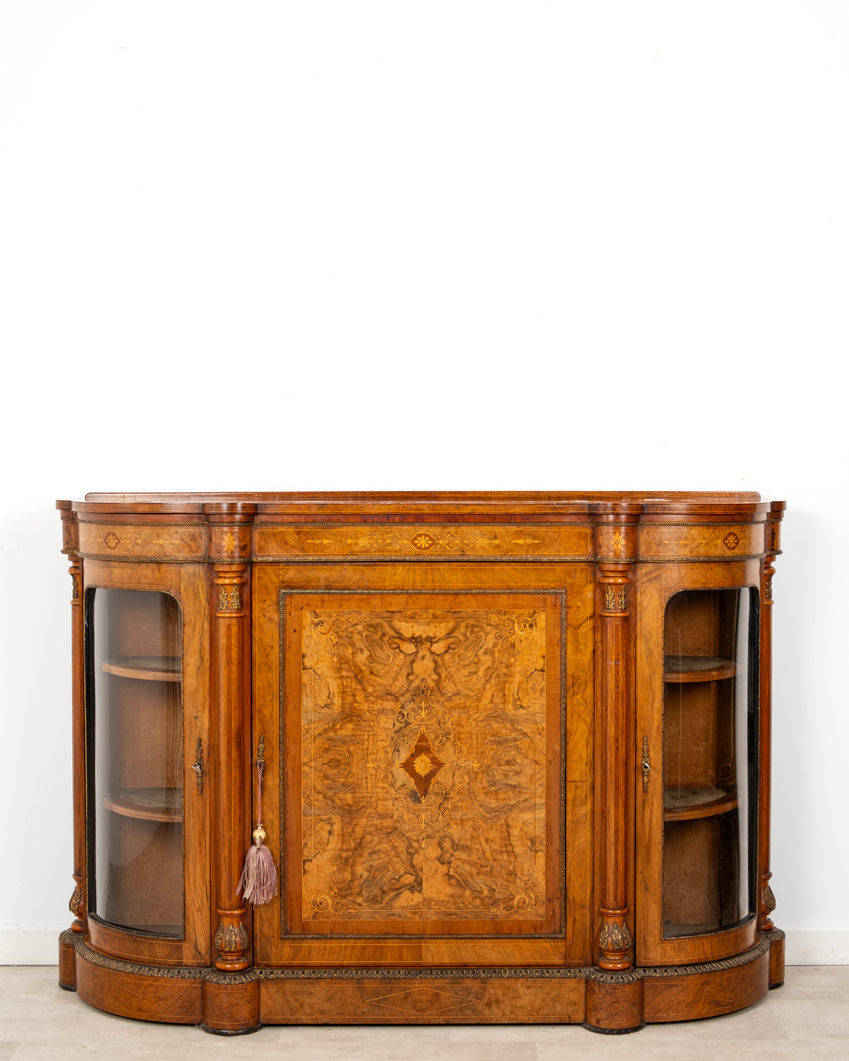 Antique Victorian burr walnut marquetry credenza with curved glazed ends c.1870