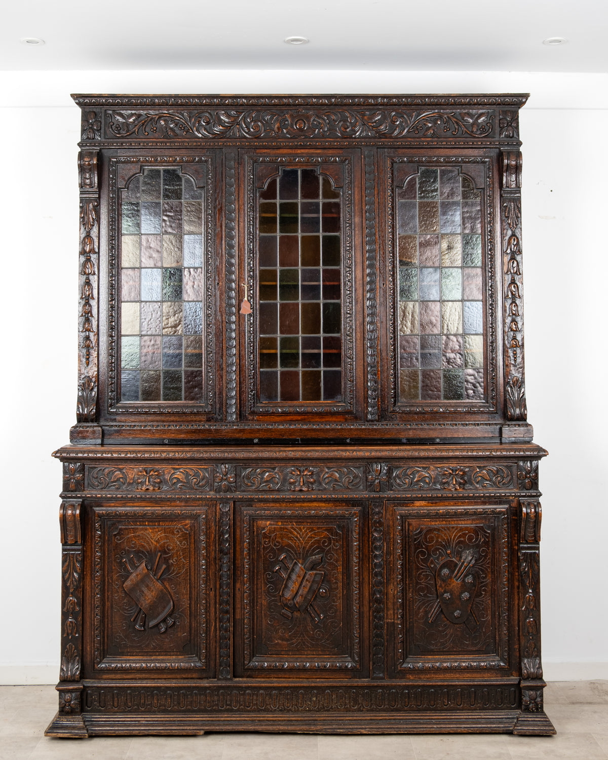 Antique Victorian Carved Oak Stained Glass Bookcase Cabinet c.1890
