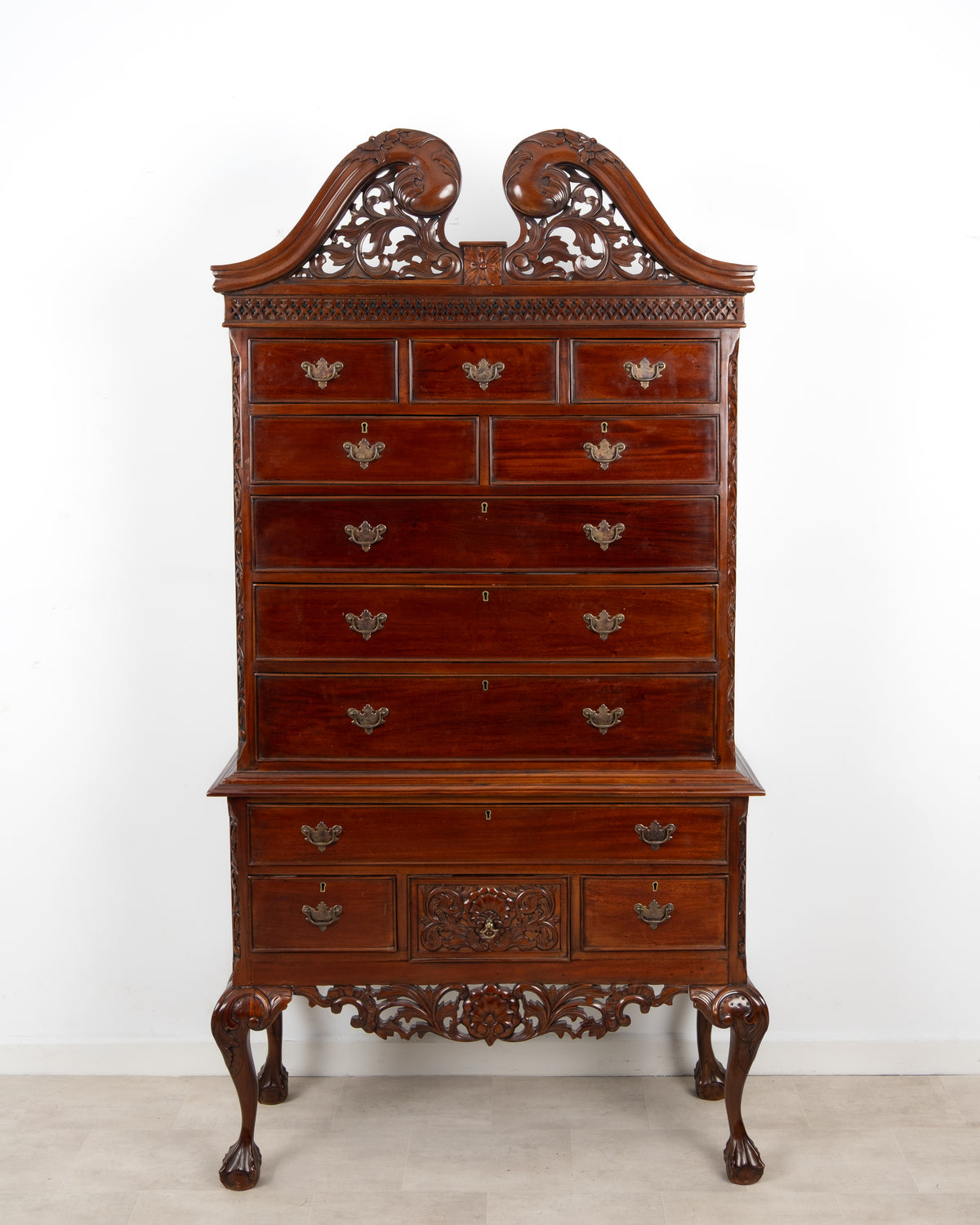 Vintage Mahogany Chippendale Style Carved Chest on Chest Tallboy