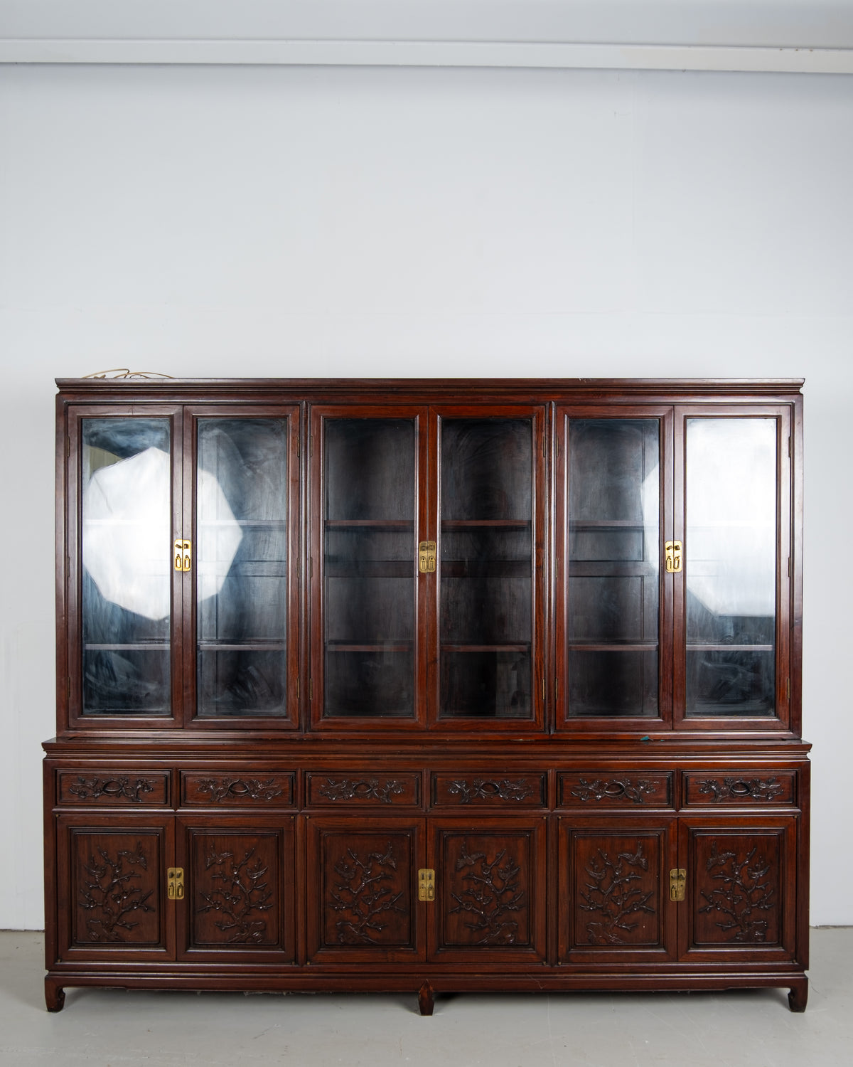 Vintage Chinese carved hardwood display cabinet bookcase