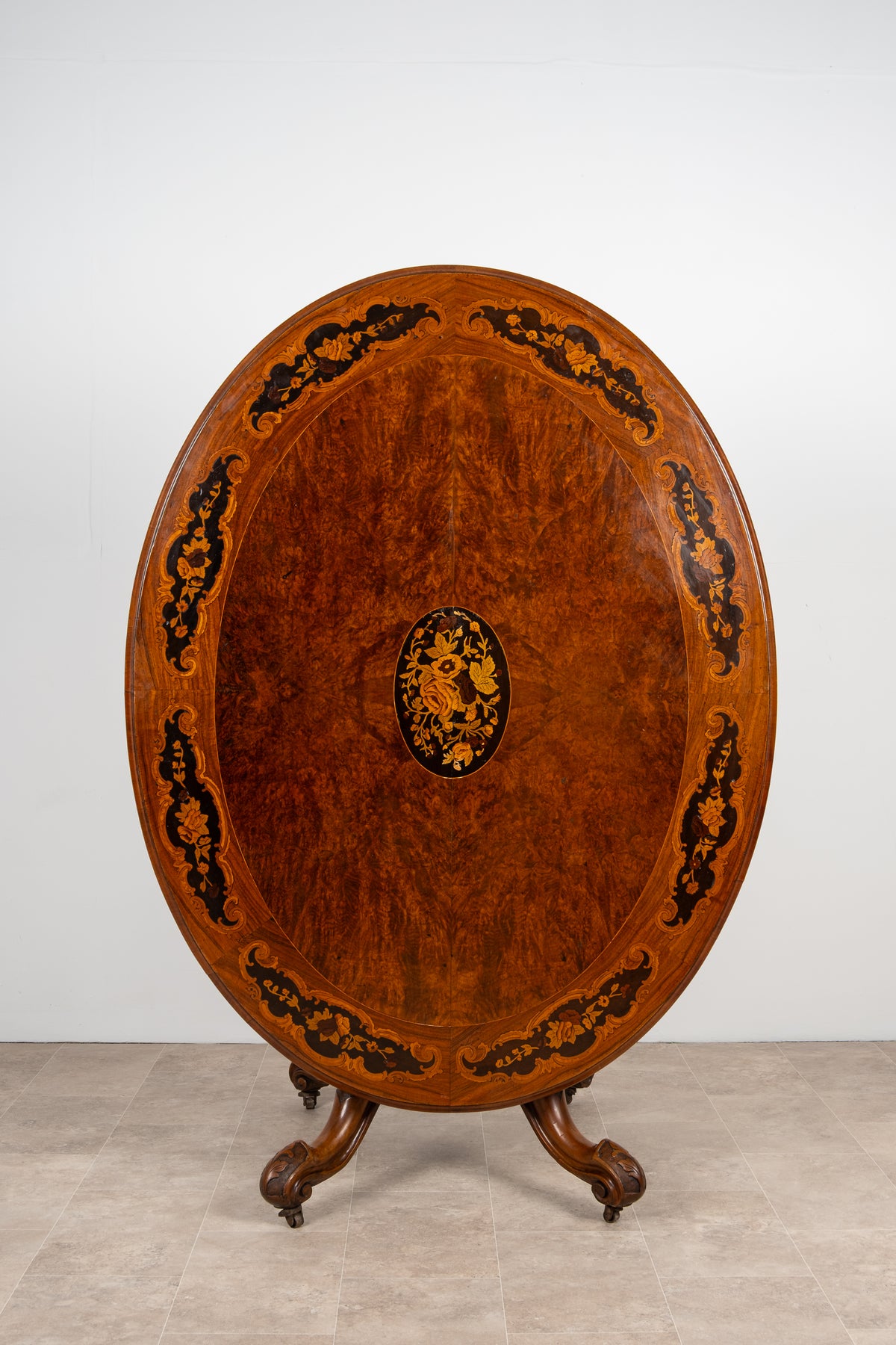 Antique Victorian burr walnut inlaid tilt-top loo table c.1860