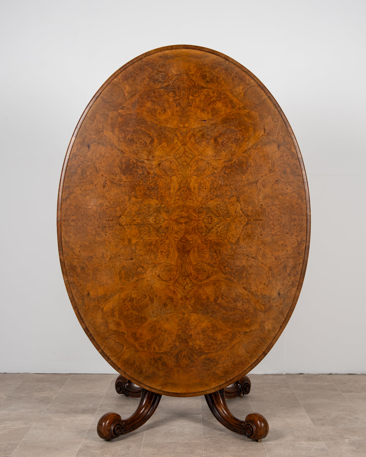 Antique Victorian burr walnut oval loo table c.1860
