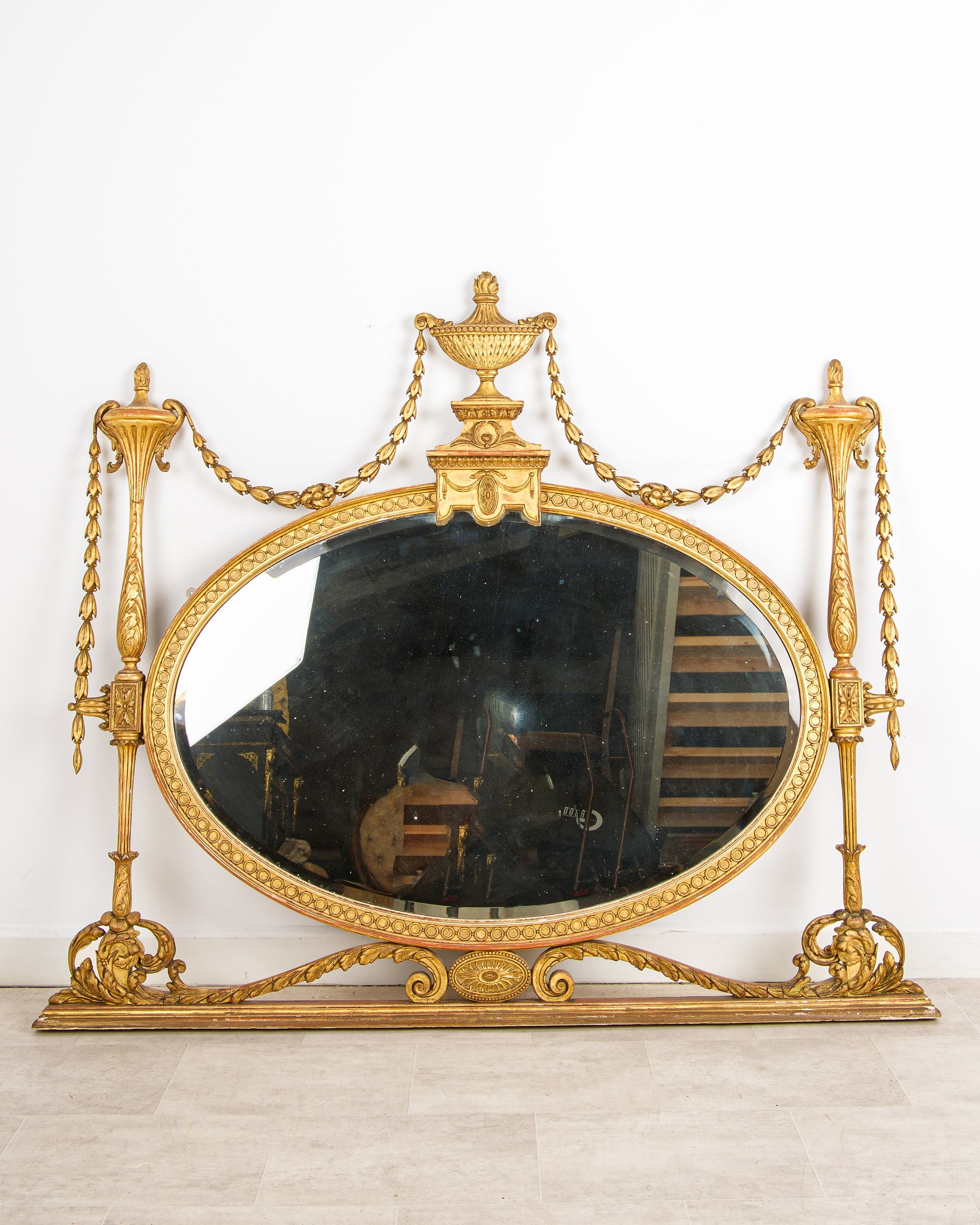 Antique giltwood Adams-style oval overmantel mirror full view, circa 1880
