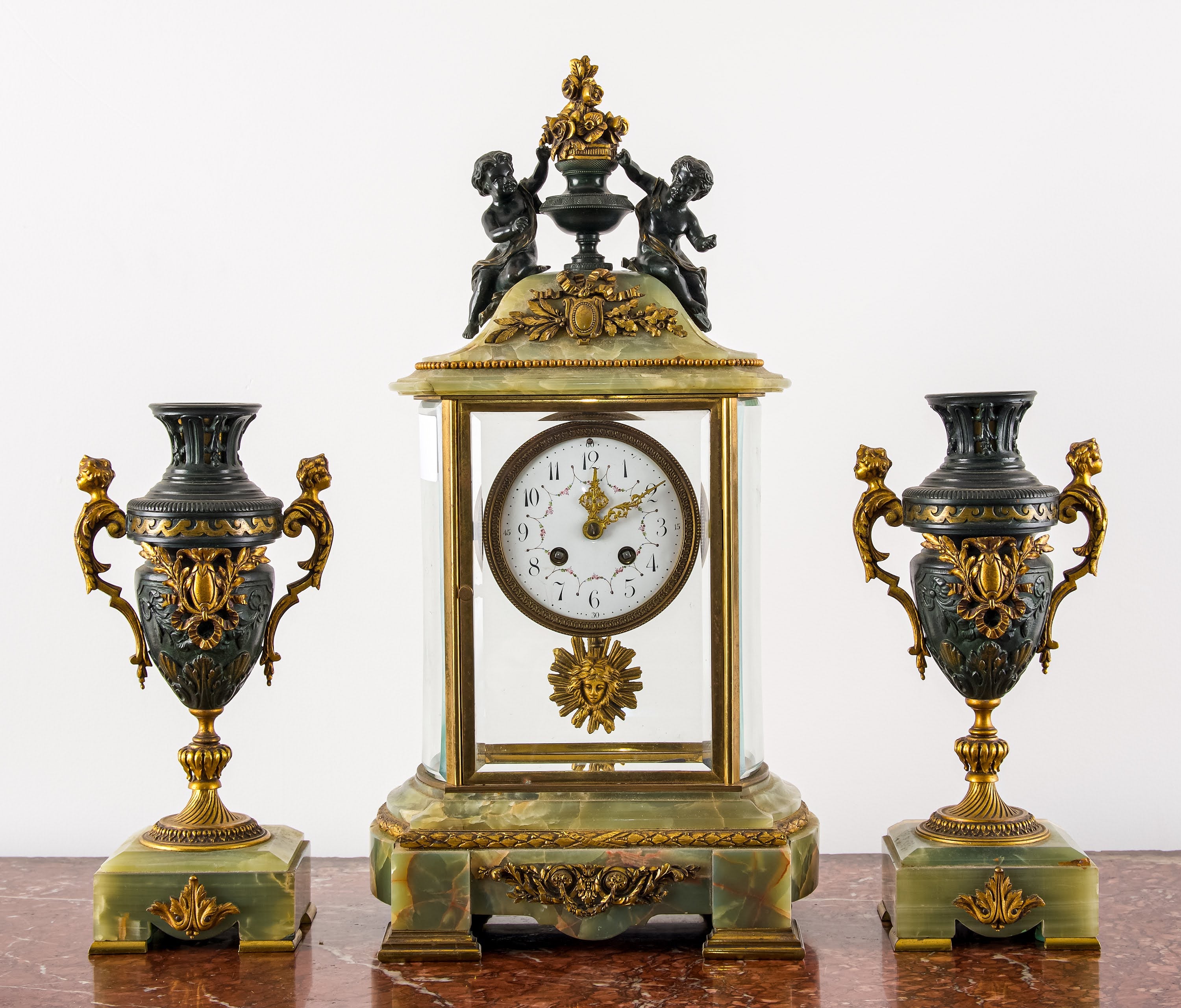 Exceptional French Three-Piece Onyx & Gilt Bronze Mantel Clock Garniture, Circa 1900