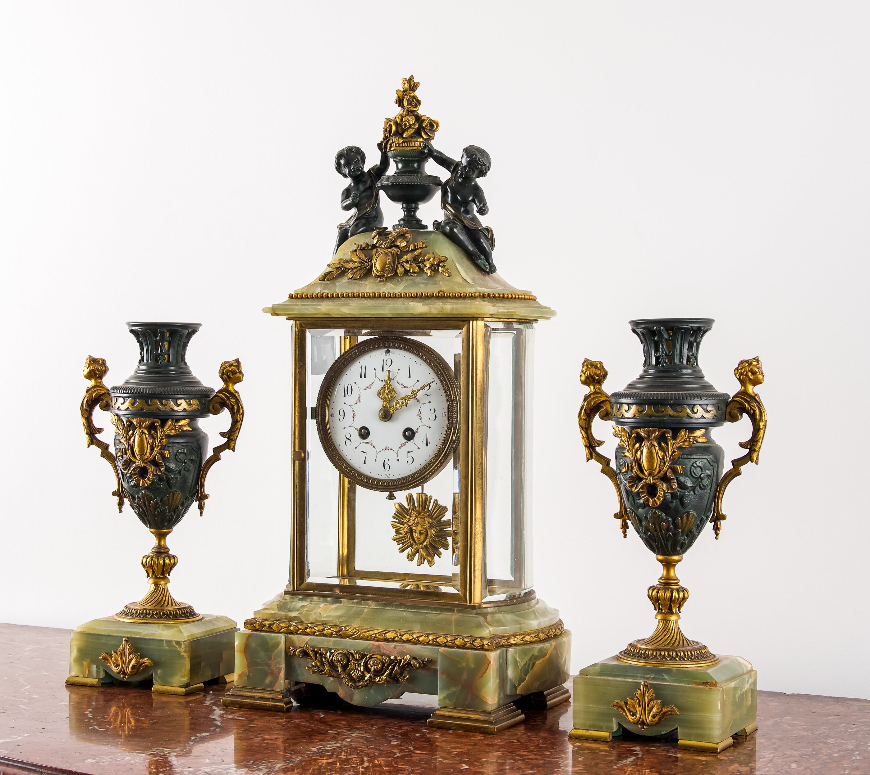 Exceptional French Three-Piece Onyx & Gilt Bronze Mantel Clock Garniture, Circa 1900