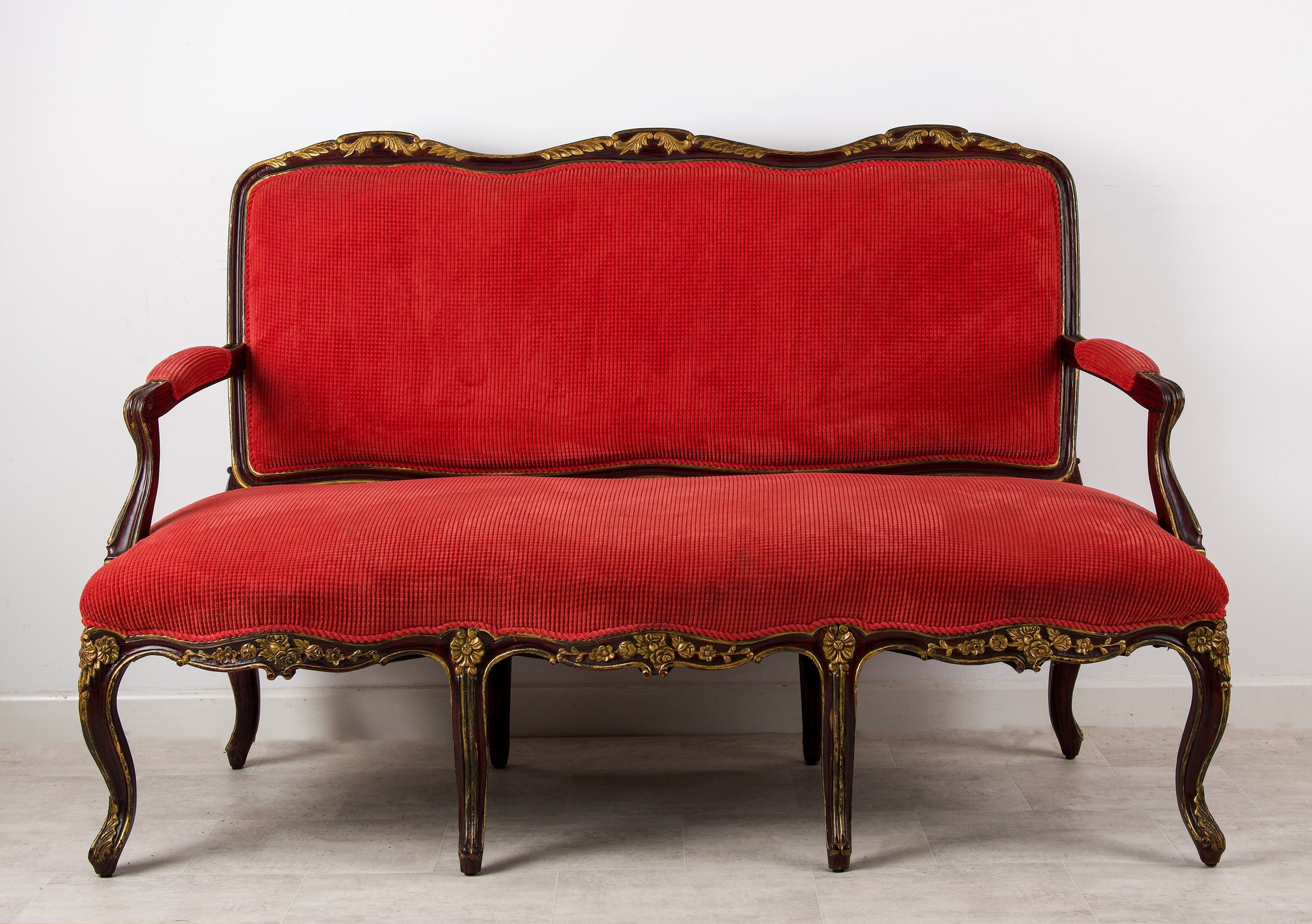 1920s Faux Rosewood & Gilt Painted Settee - Red Upholstery, Louis Revival Style