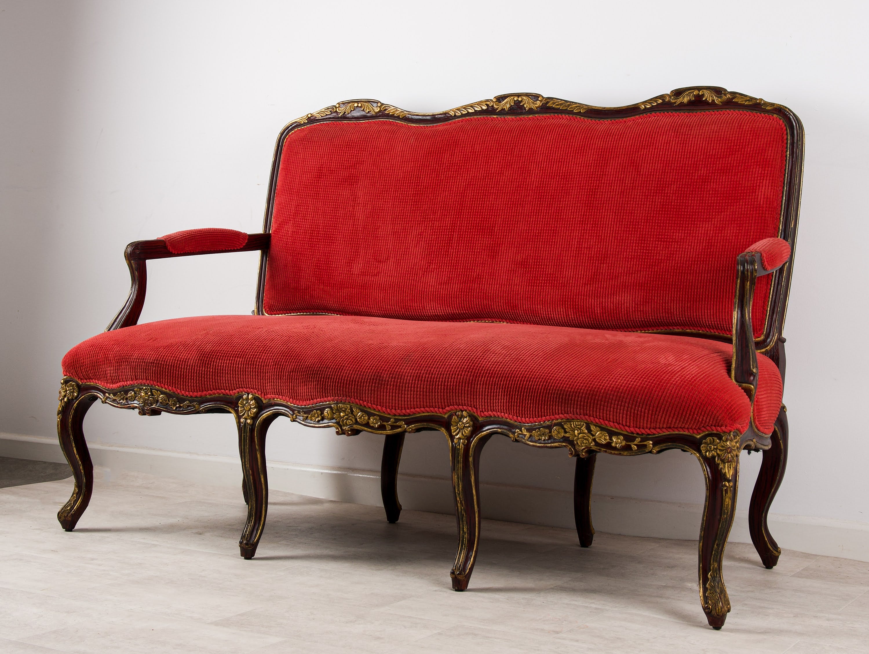 1920s Faux Rosewood & Gilt Painted Settee - Red Upholstery, Louis Revival Style