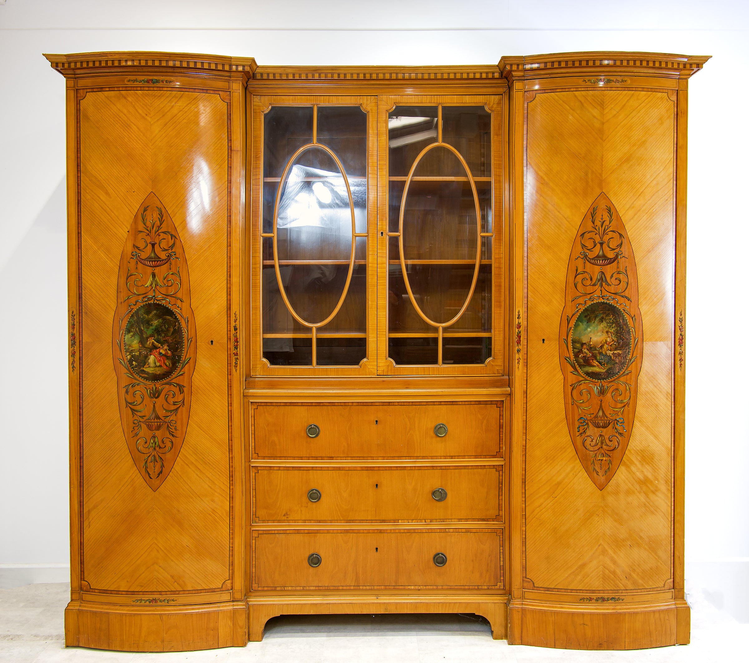 Edwardian Satinwood Wardrobe Cabinet With Painted Panels - Hawkins Antiques