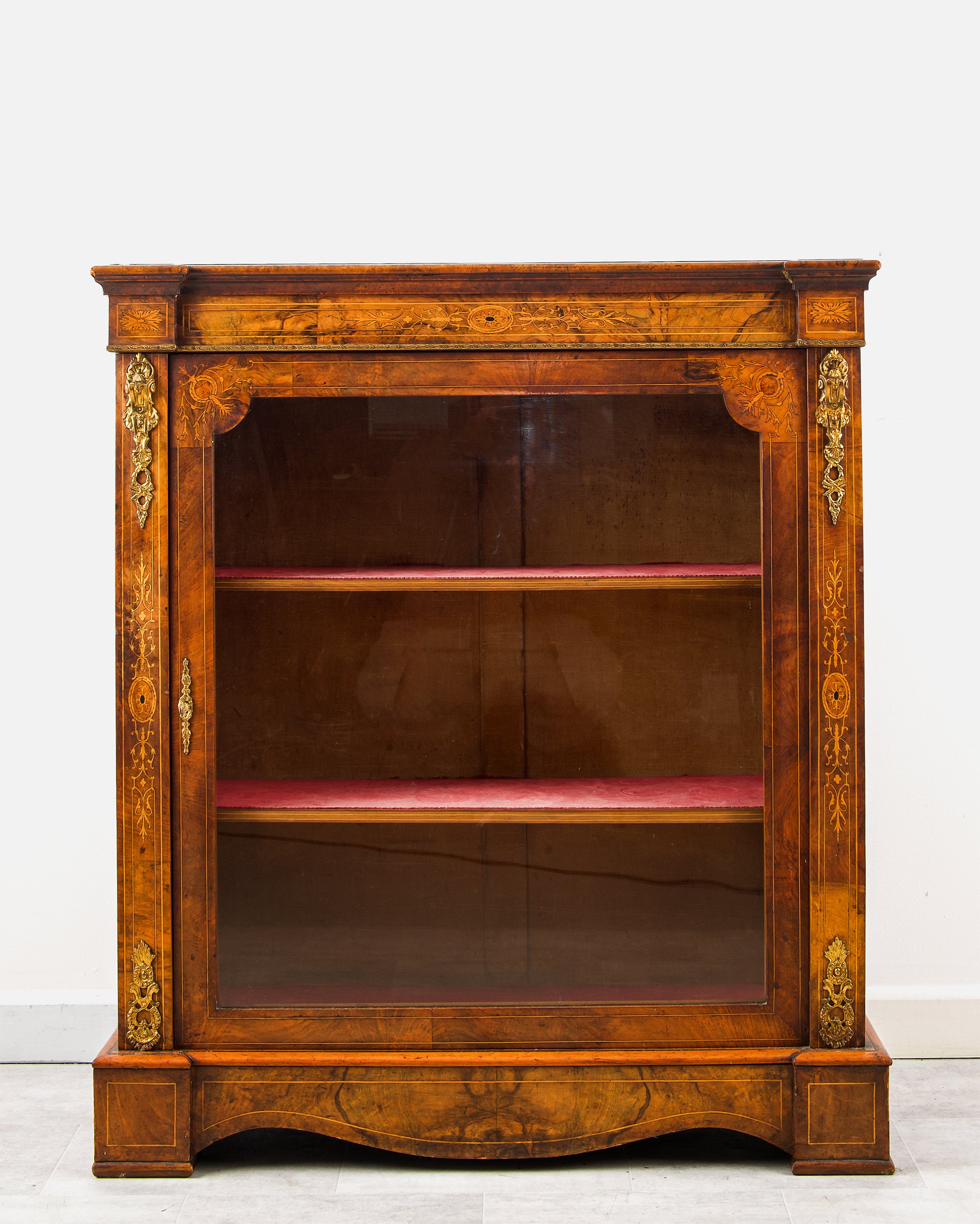 Antique Victorian Inlaid Walnut Pier Cabinet With Ormolu Mounts And Glazed Display Door