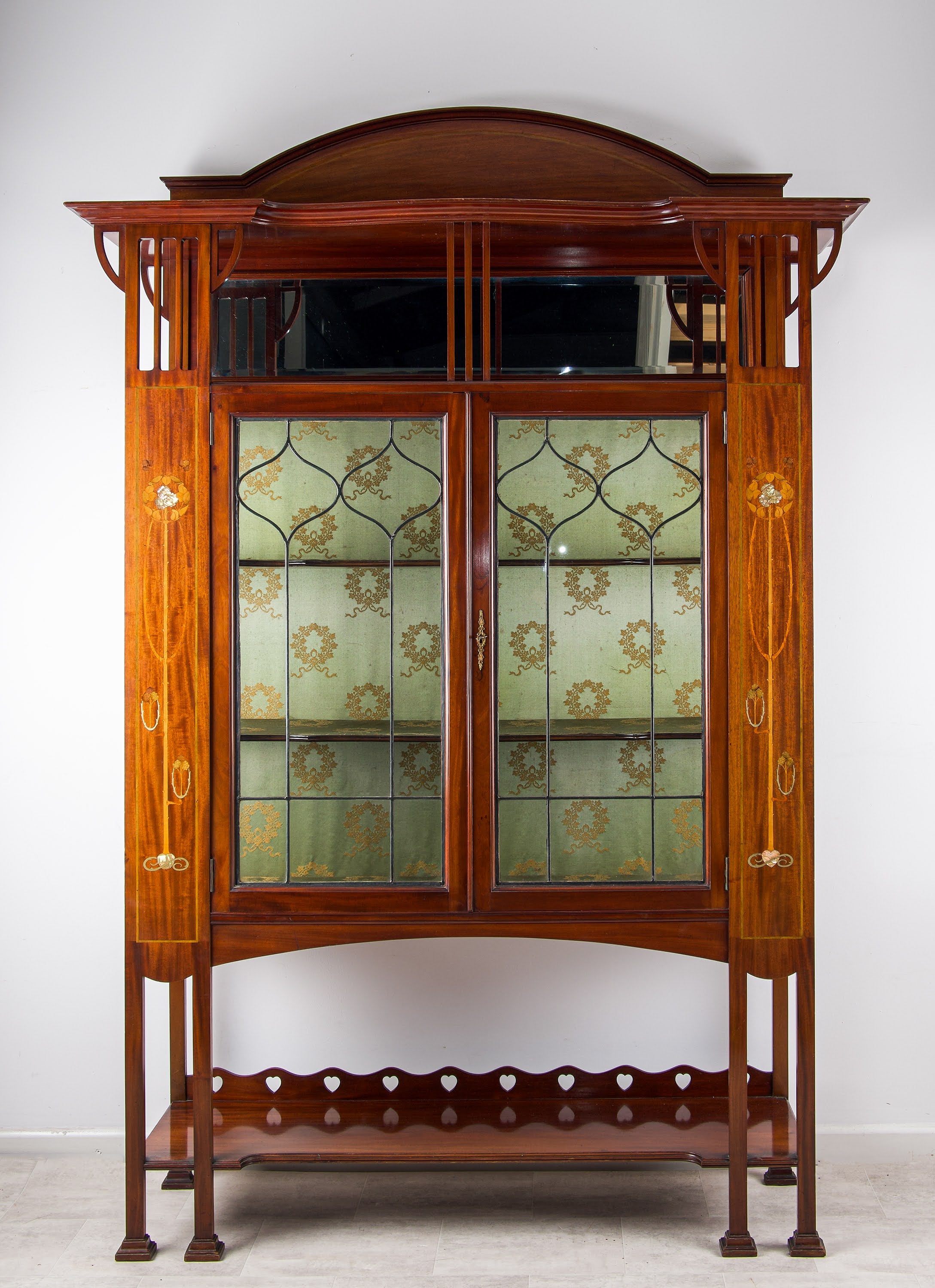 Antique Art Nouveau Mahogany Display Cabinet with Inlay & Leaded Glass, c.1900