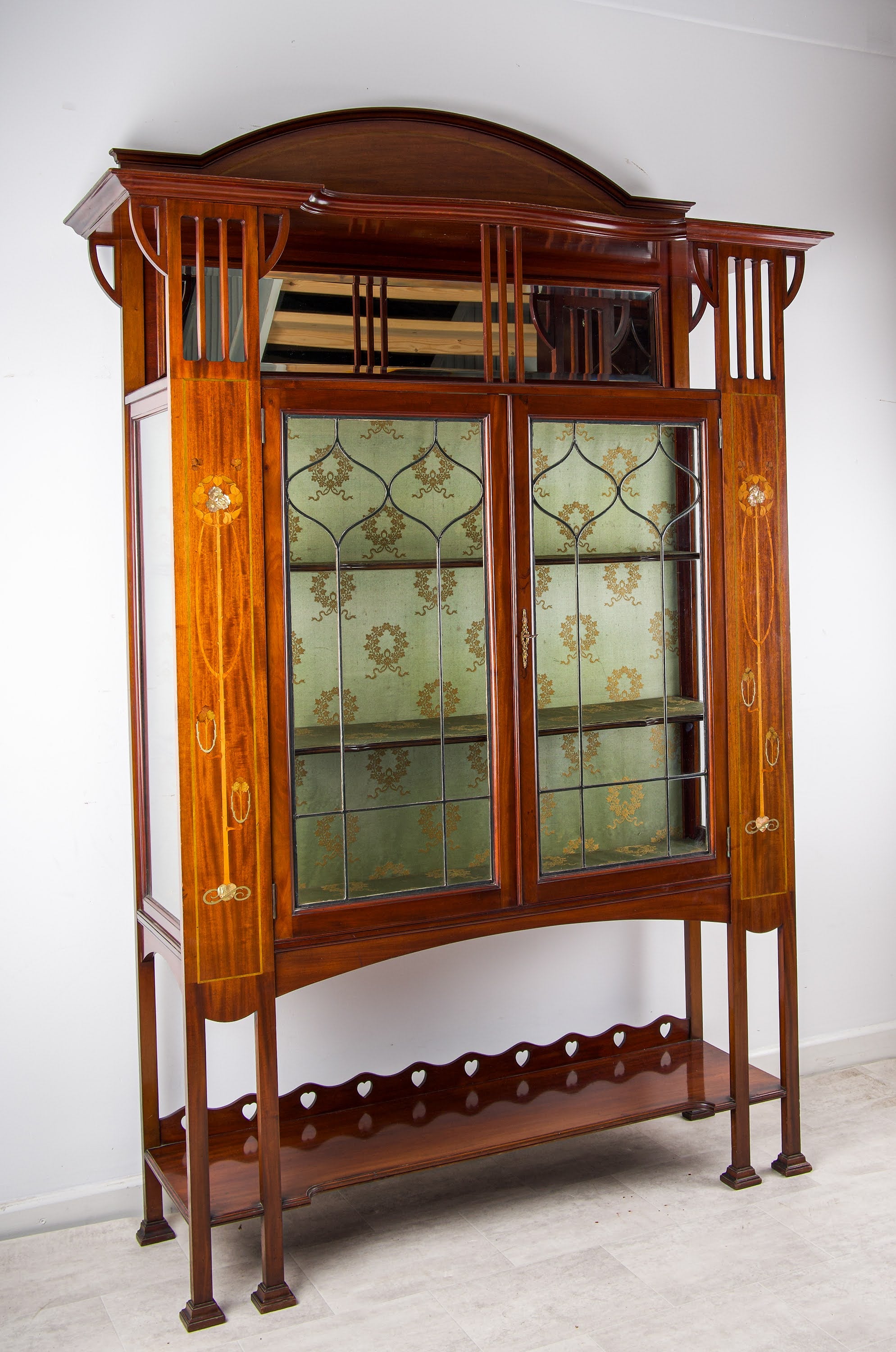 Antique Art Nouveau Mahogany Display Cabinet with Inlay & Leaded Glass, c.1900