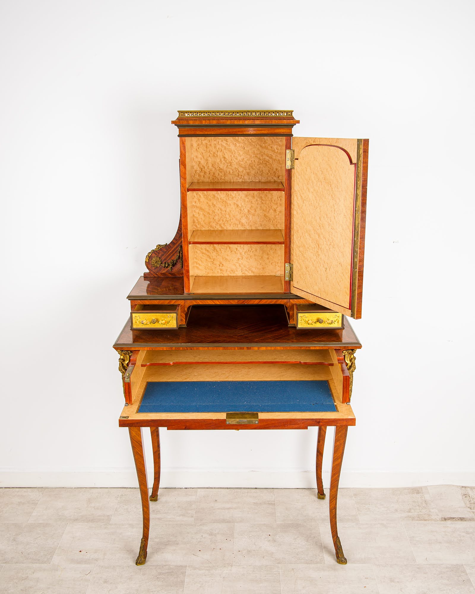French Bonheur du Jour Pull-Out Writing Drawer Lined in Blue Baize with Painted Side Panels - Hawkins Antiques