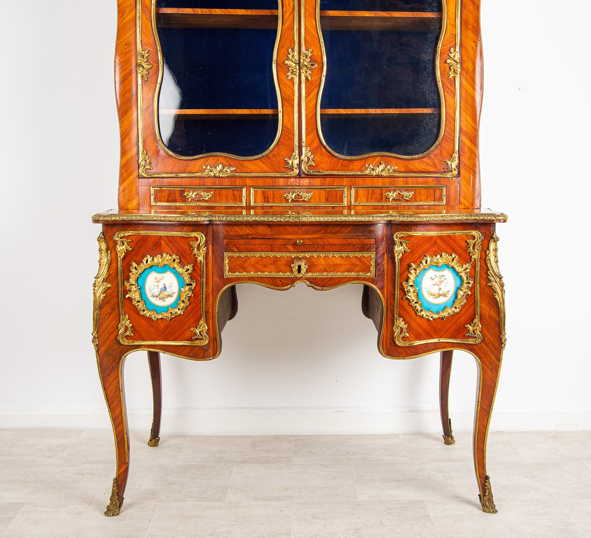 Close Up of Sèvres Porcelain Plaque on Antique French Kingwood Bonheur du Jour Writing Cabinet - Hawkins Antiques