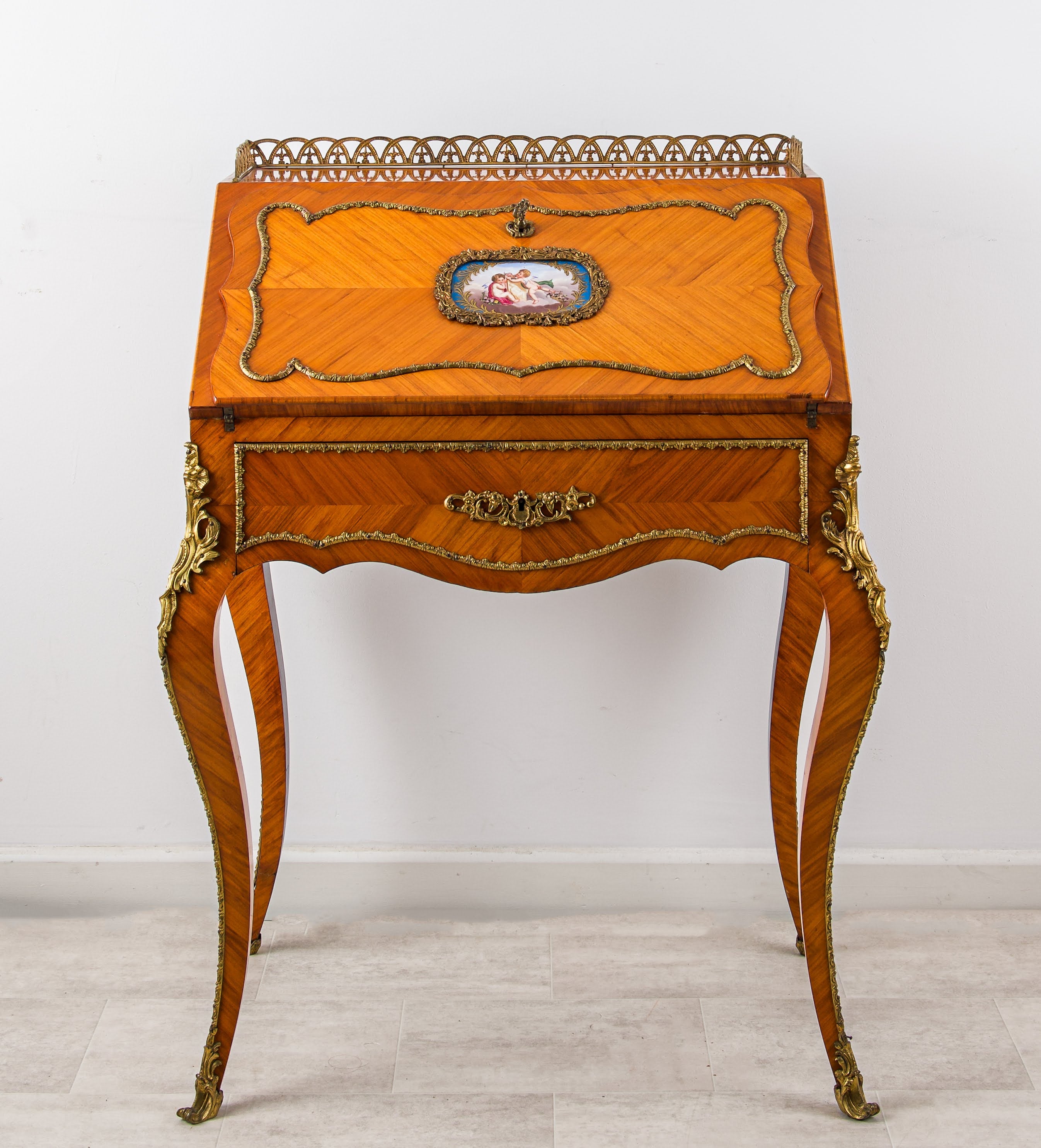 Antique French Kingwood Bureau de Dame with Porcelain Plaque & Ormolu, c.1890