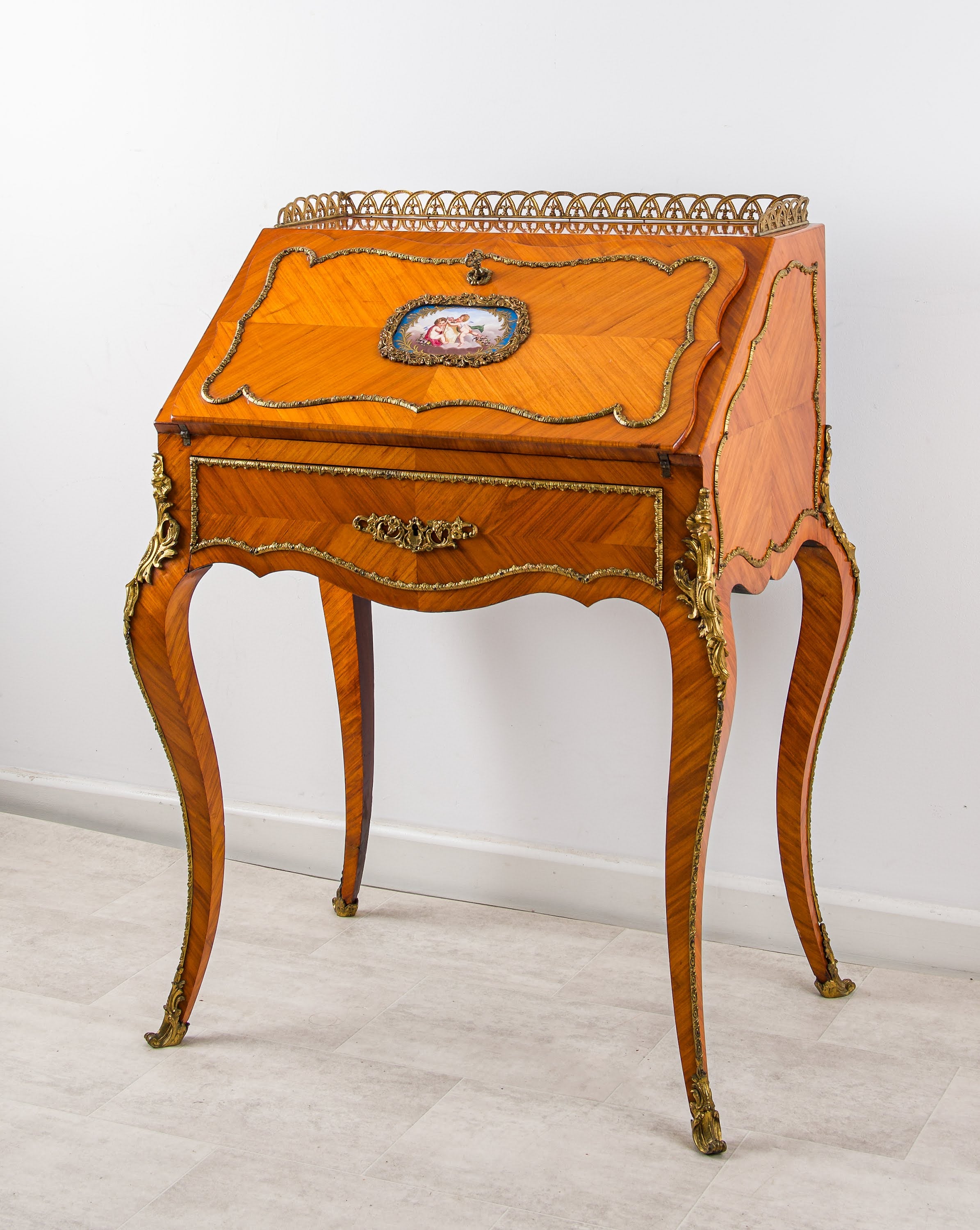 Antique French Kingwood Bureau de Dame with Porcelain Plaque & Ormolu, c.1890