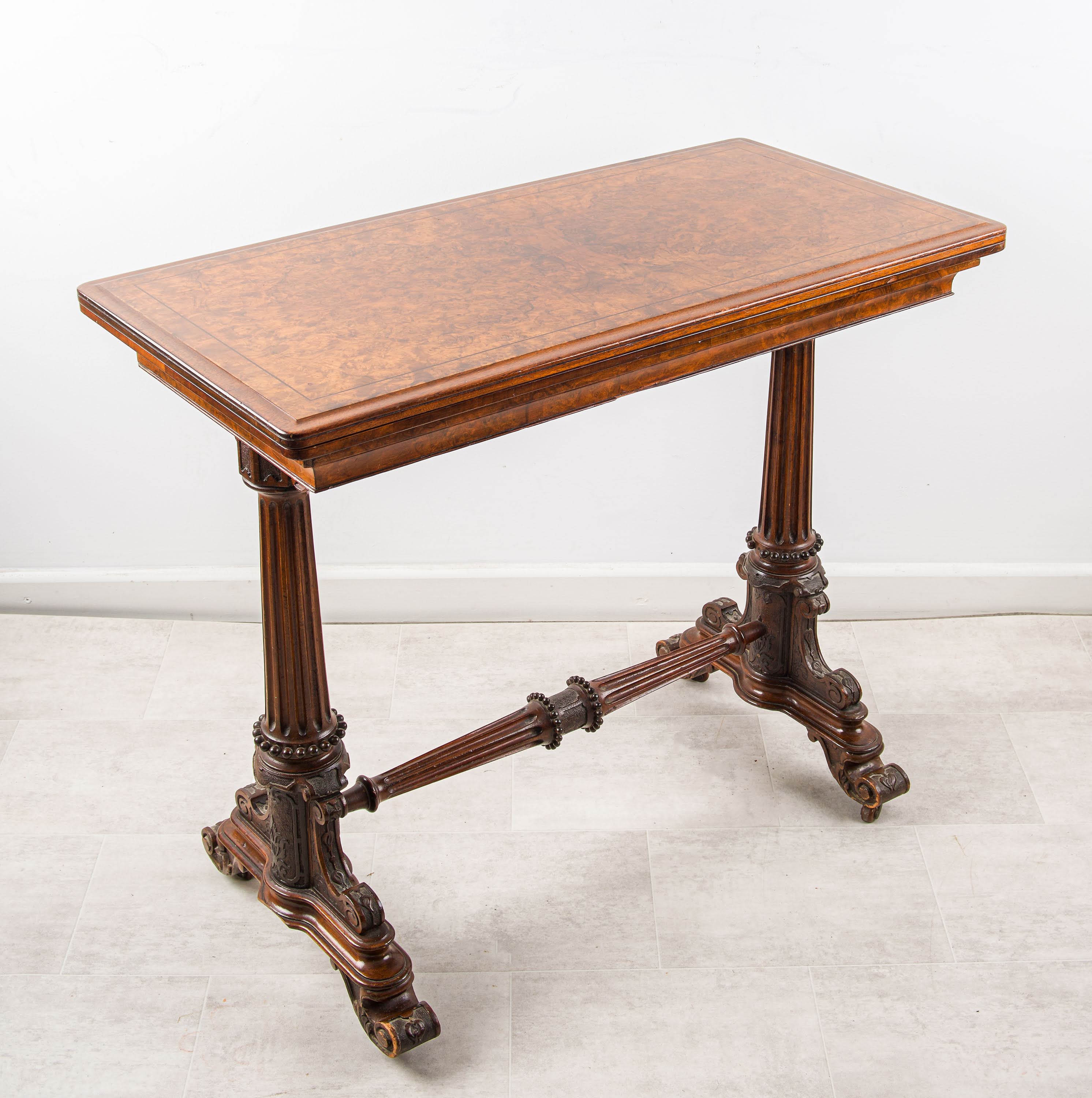 Antique Burr Walnut Fold-Over Games Table with Turned Supports, 19th Century