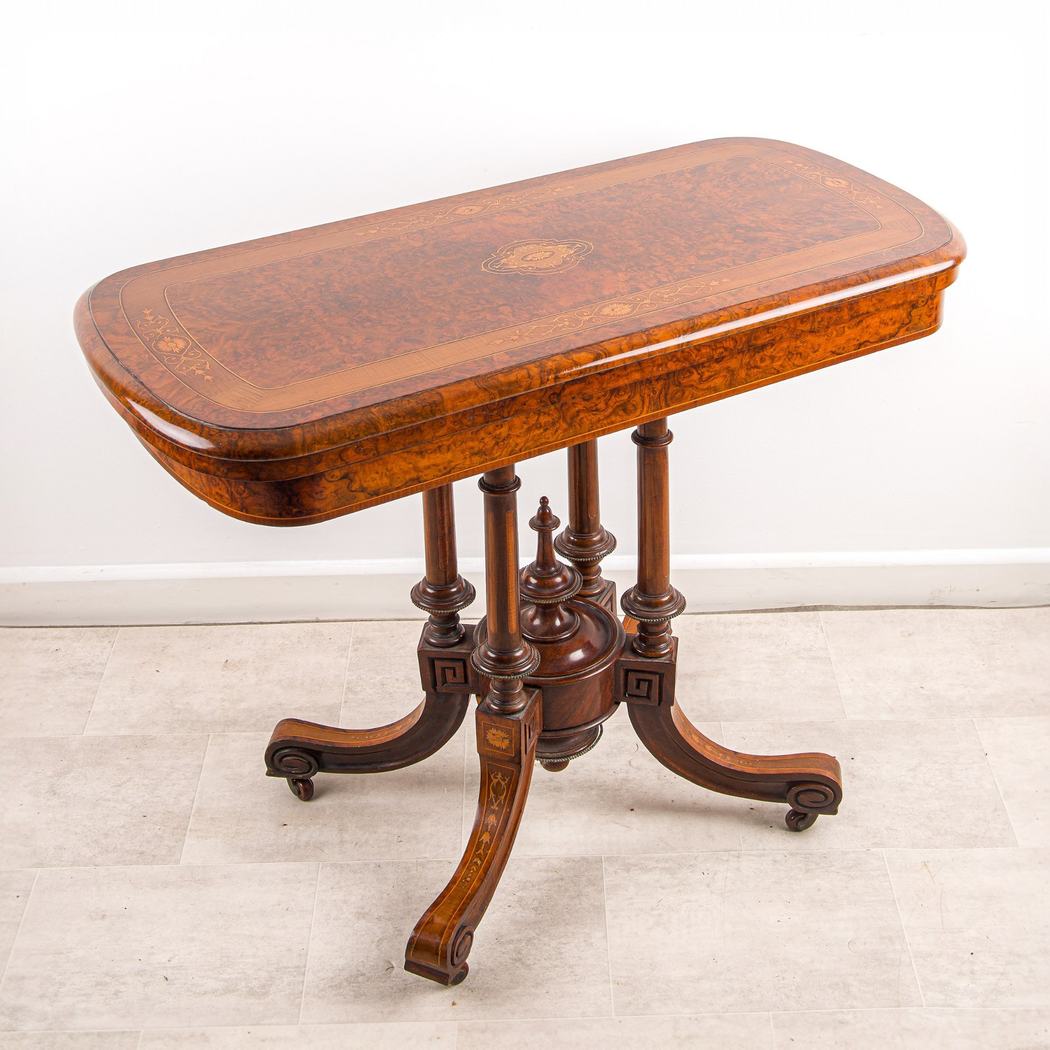 Antique Victorian Burr Walnut Games Table Fold Over Card Table Inlaid Top C1880
