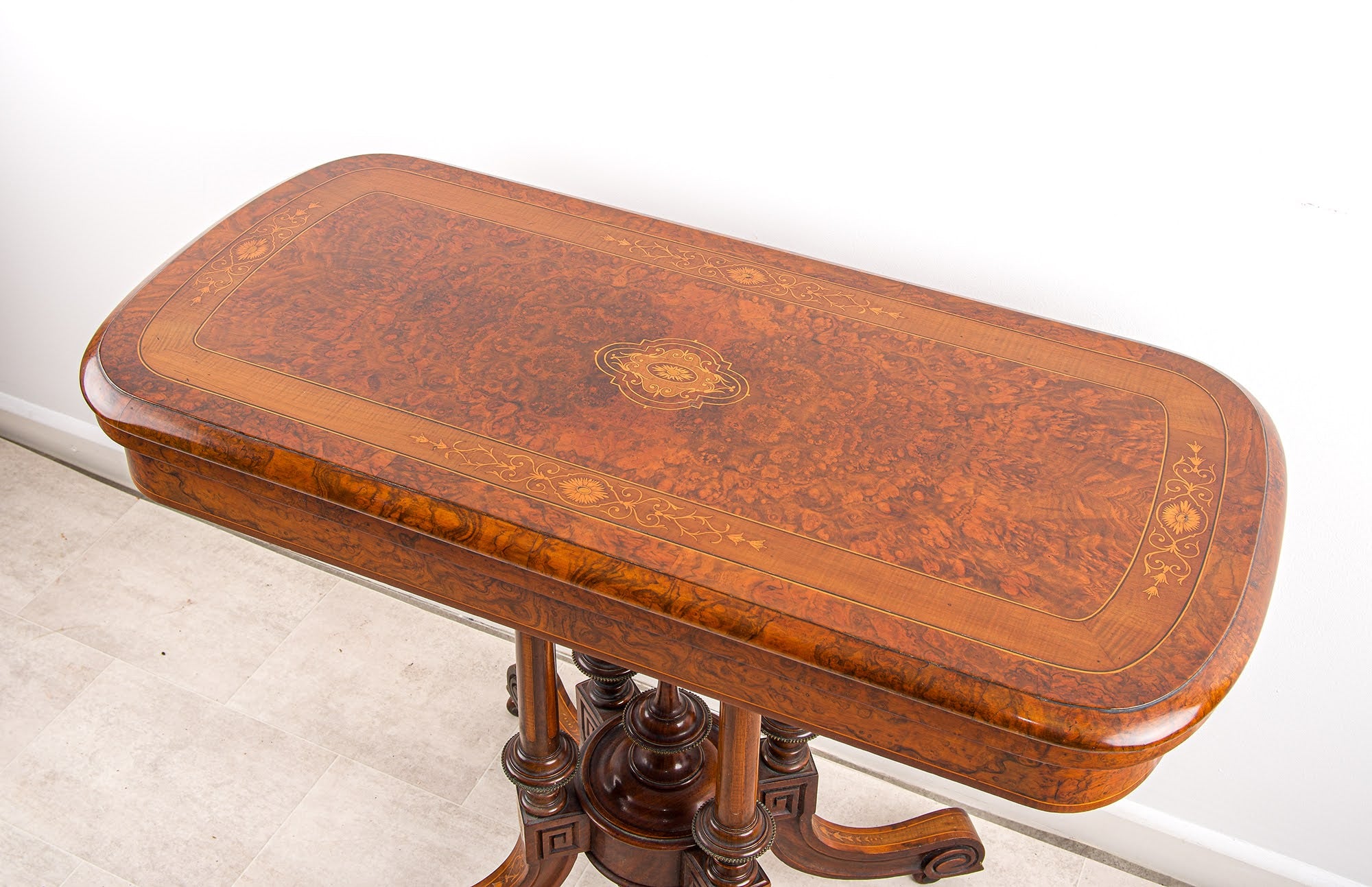 Antique Victorian Burr Walnut Games Table Fold Over Card Table Inlaid Top C1880