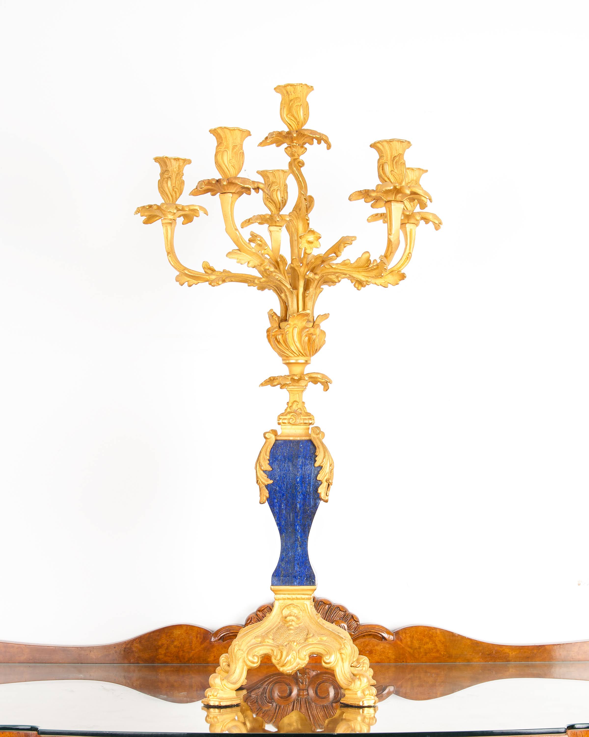 Antique French Gilt Bronze & Lapis Lazuli Candelabra, 7 Light Louis XV Rococo Centrepiece
