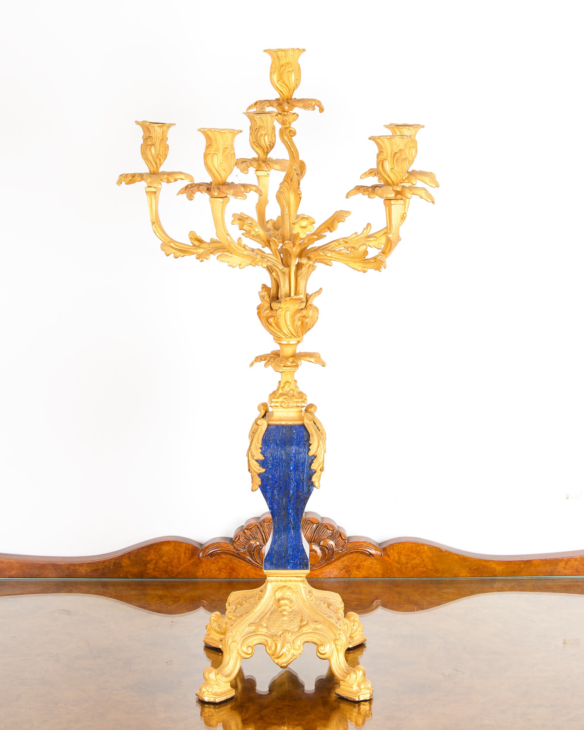 Antique French Gilt Bronze & Lapis Lazuli Candelabra, 7 Light Louis XV Rococo Centrepiece