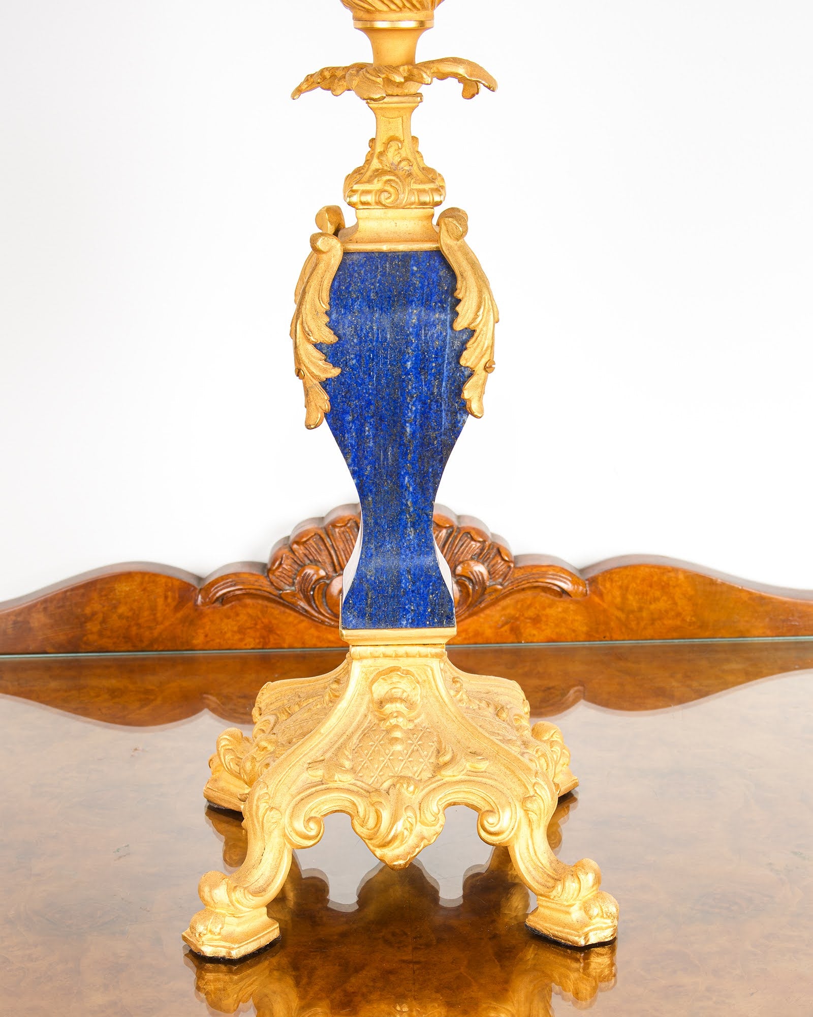 Close Up of Antique French Louis XV Rococo Gilt Bronze Candelabra with Lapis Lazuli Column - Hawkins Antiques