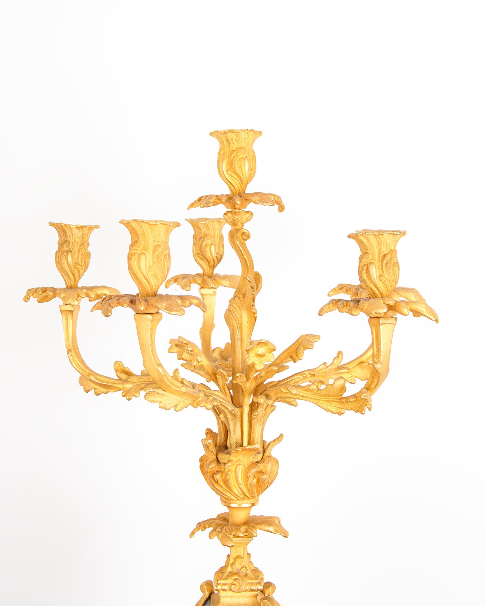  Antique French Gilt Bronze Candelabra showing Rococo Branch and Drip Pan Details - Hawkins Antiques