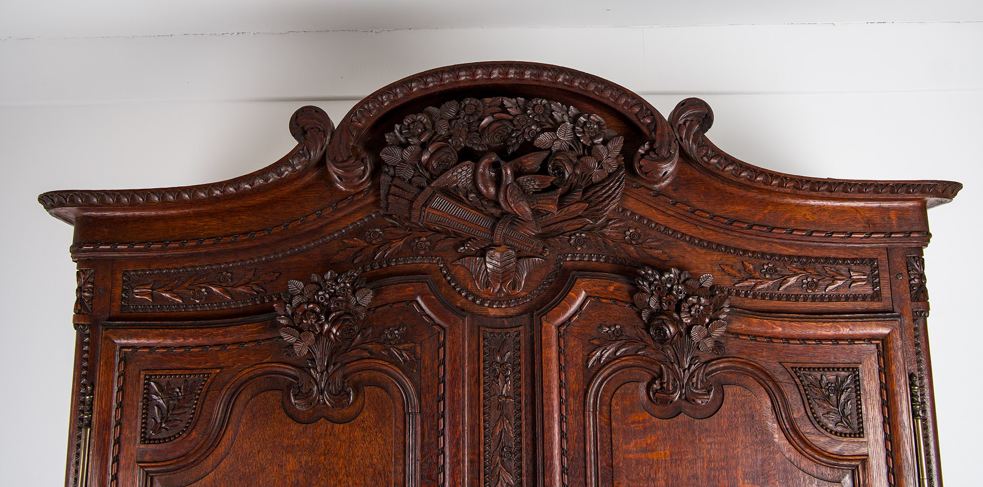 Large Antique French Carved Oak Armoire Wardrobe - 19th Century Louis XV Style Cabinet