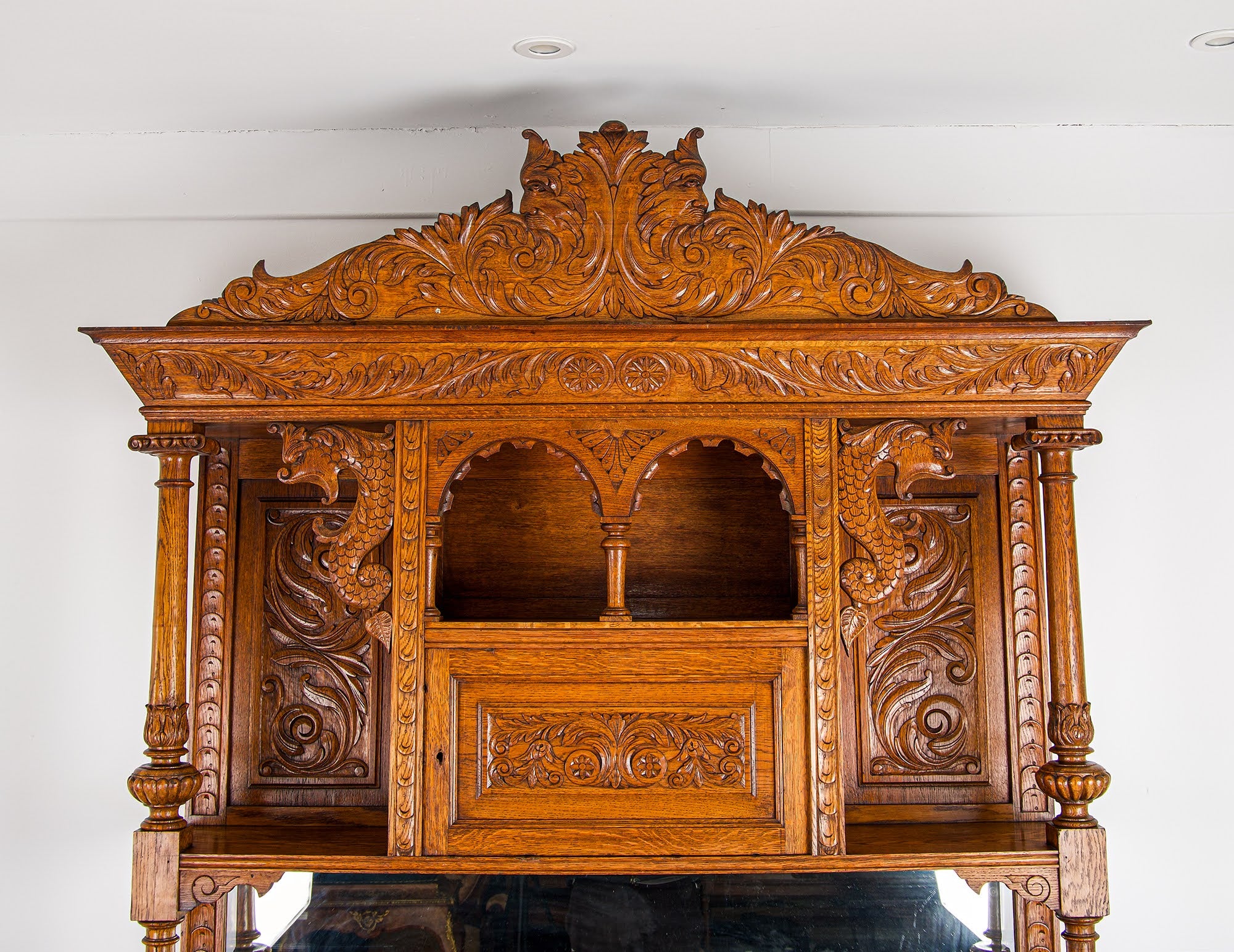 Large Antique French Oak Buffet Cabinet With Carved Chiffonier Top - 19th Century Hand Carved Sideboard